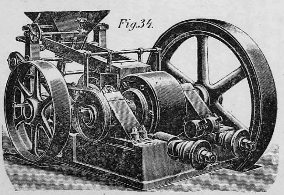 Technische Illustration einer verbesserten Walzenmühle mit schwingender Walze der Maschinenbauanstalt Humboldt (Fig. 34).