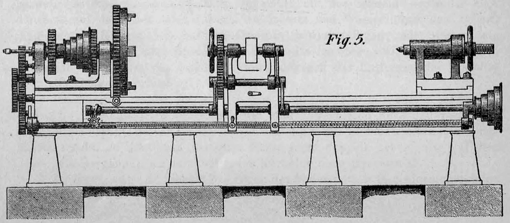 Technische Aufrisszeichnung einer historischen Steindrehbank (Fig. 5) aus dem späten 19. Jahrhundert.