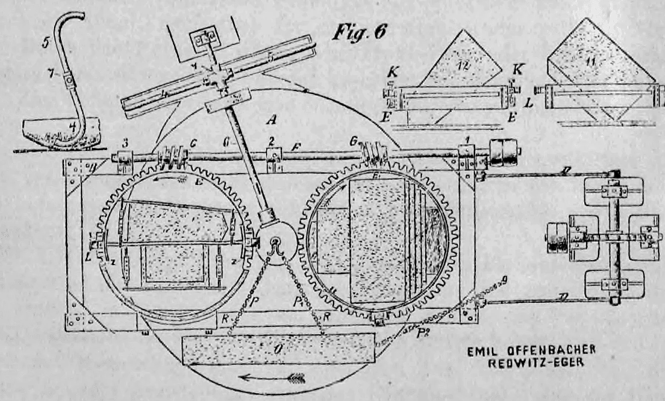 Schematische Darstellung einer Steinsägemaschine der Firma Emil Offenbacher aus Redwitz-Eger.
