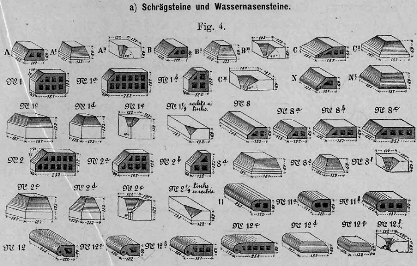 Fig. 4: Tafel mit einer Vielzahl von Schrägsteinen und Wassernasensteinen für den Backsteinbau.