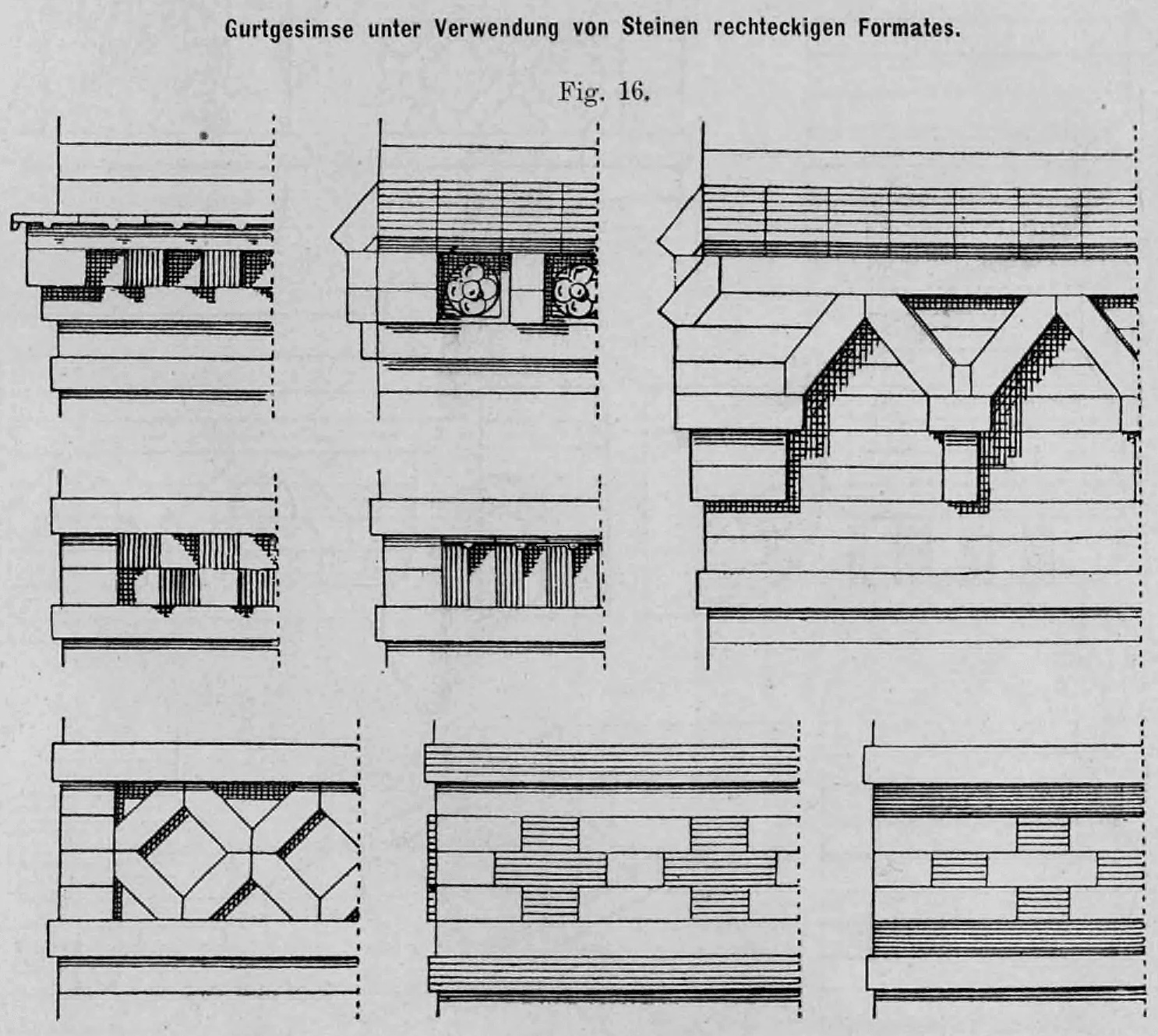 Fig. 16: Verschiedene Detailzeichnungen von Gurtgesimse mit ornamentalem Mauerwerk aus rechteckigen Ziegelsteinen.