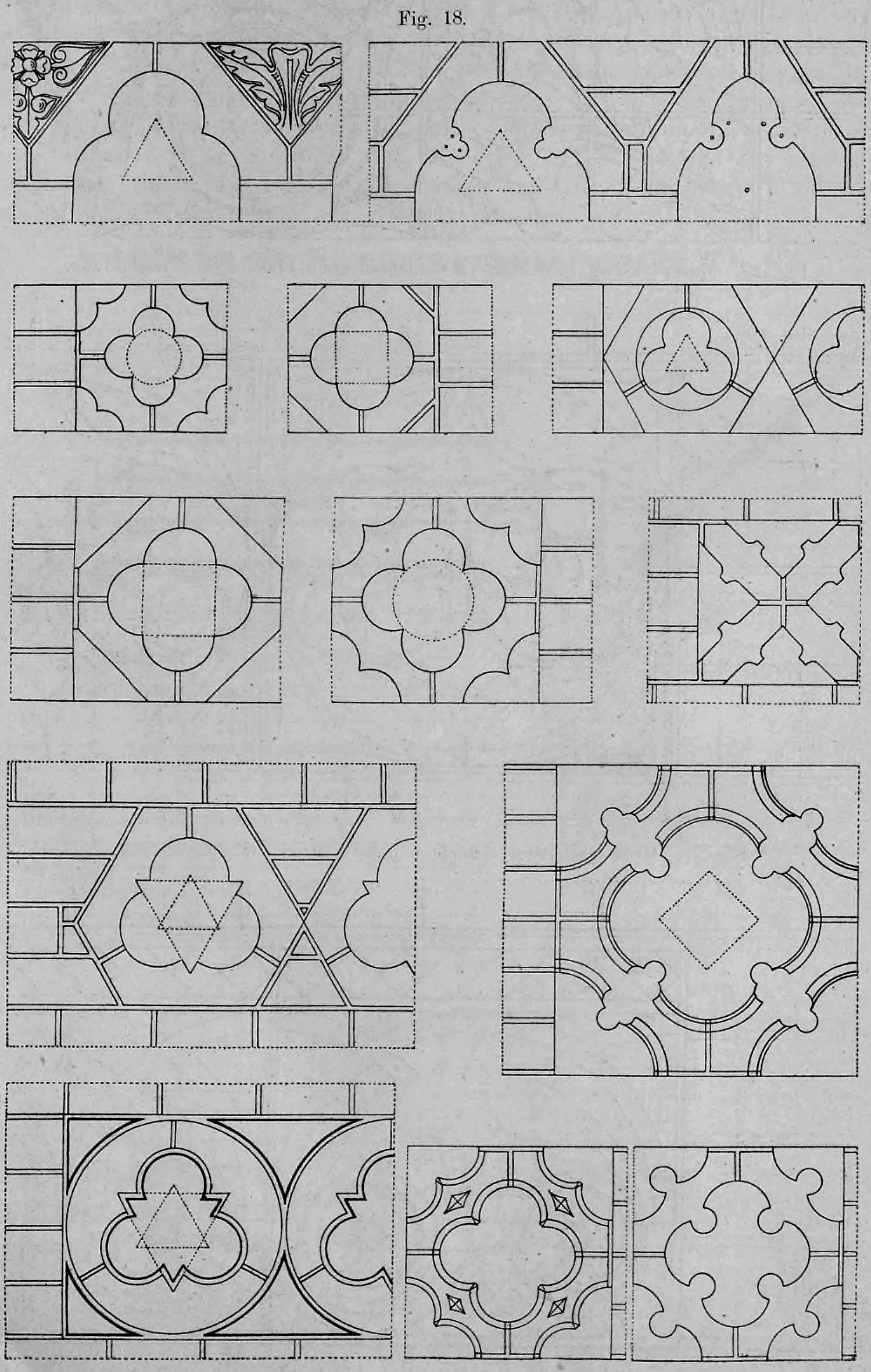 Fig. 18.: Eine Sammlung von ornamentalen Zeichnungen für Ziegel-Formsteine und Terrakotten mit gotisierenden Motiven.