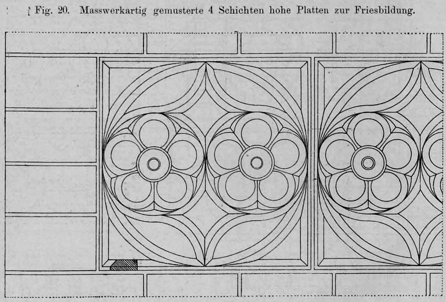 Fig. 20: Maßwerkartiger Fries aus vier Schichten hohen Platten, eingebettet in einen Backsteinverband.