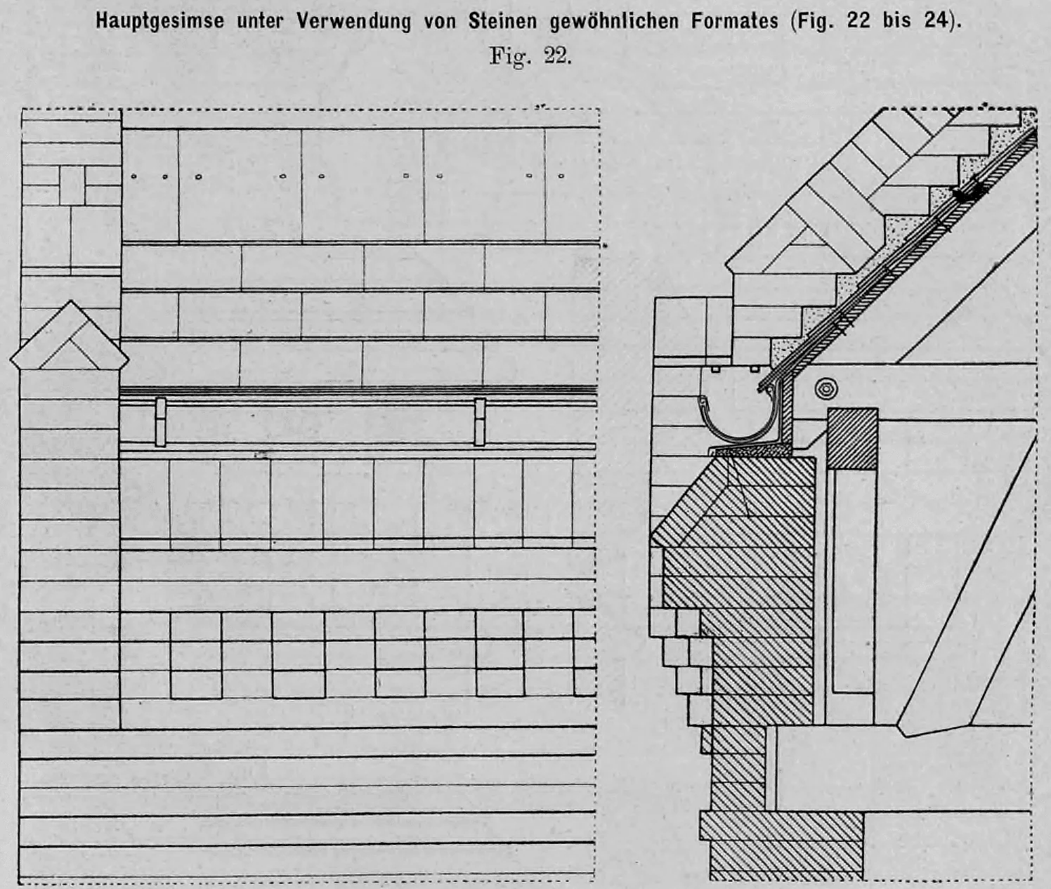 Fig. 22: Aufriss und Profil eines Hauptgesimses aus Ziegelsteinen mit darüberliegender Dachrinne und Dachkonstruktion.