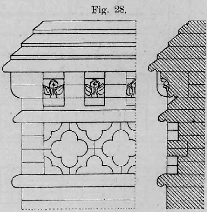 Fig. 28.: Reich verziertes Gesims mit figürlichen Konsolen (Köpfen) und einem Fries aus Vierpass-Maßwerk.