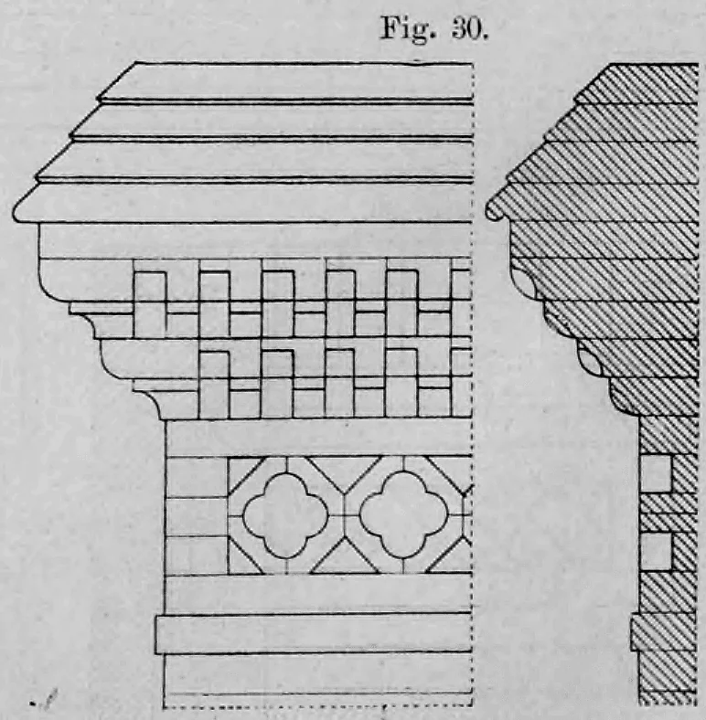 Fig. 30.: Gesims mit einem Klötzchenfries und darunterliegenden Vierpass-Ornamenten.