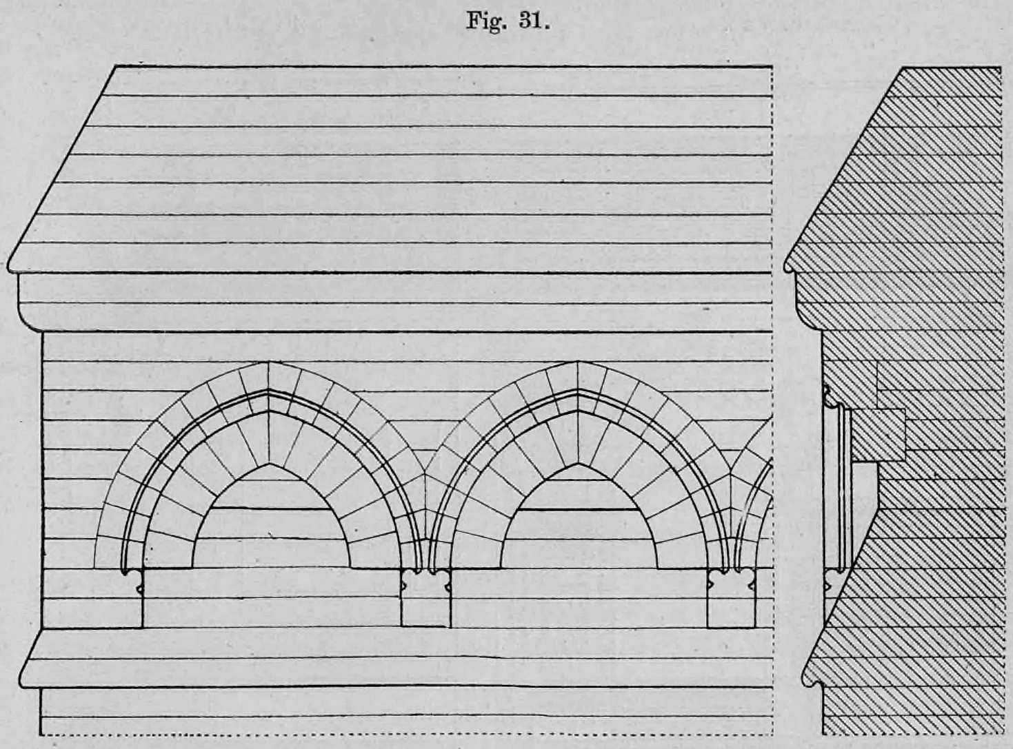Fig. 31.: Detailansicht eines Hauptgesimses mit spitzbogigen Arkadenfeldern und profilierten Konsolsteinen.