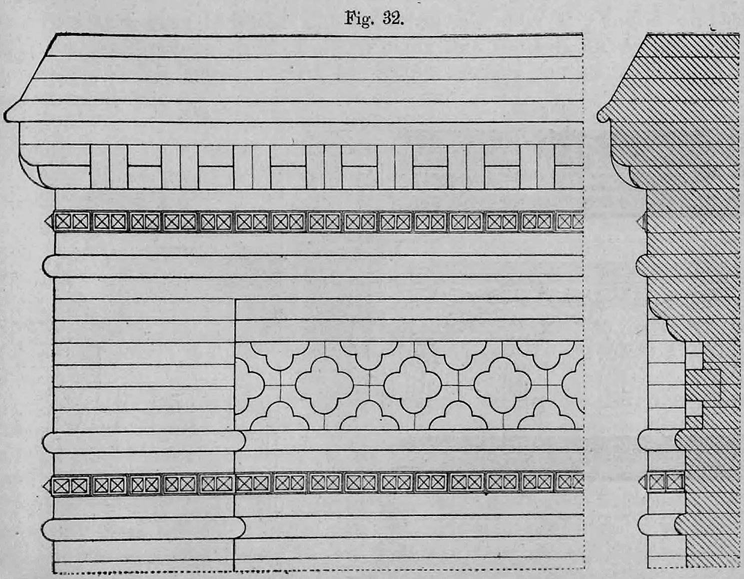 Fig. 32.: Aufwendiges Gesimsband mit Diamantquader-Friesen und einem zentralen Vierpass-Ornamentstreifen.