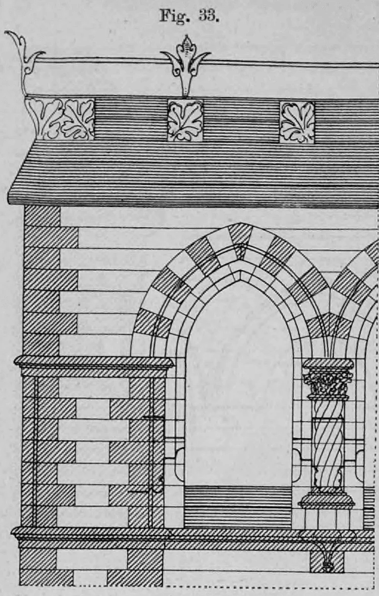 Fig. 33: Fassadenabschnitt mit einem spitzbogigen Fenster und ornamentalem Dachabschluss.