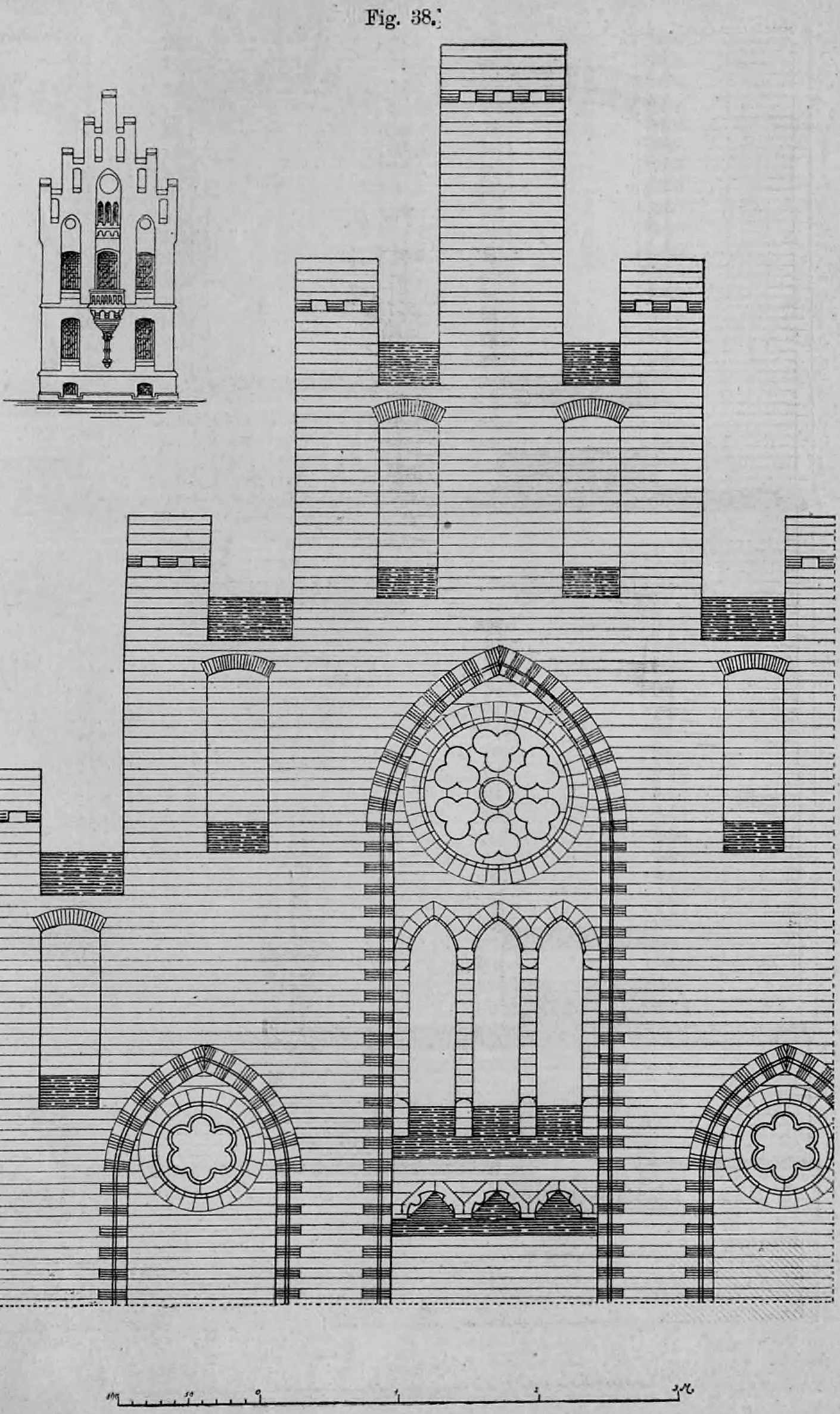 Fig. 38.: Detail- und Gesamtansicht einer monumentalen Backsteingotik-Fassade mit Fensterrosen und Spitzbogenöffnungen.