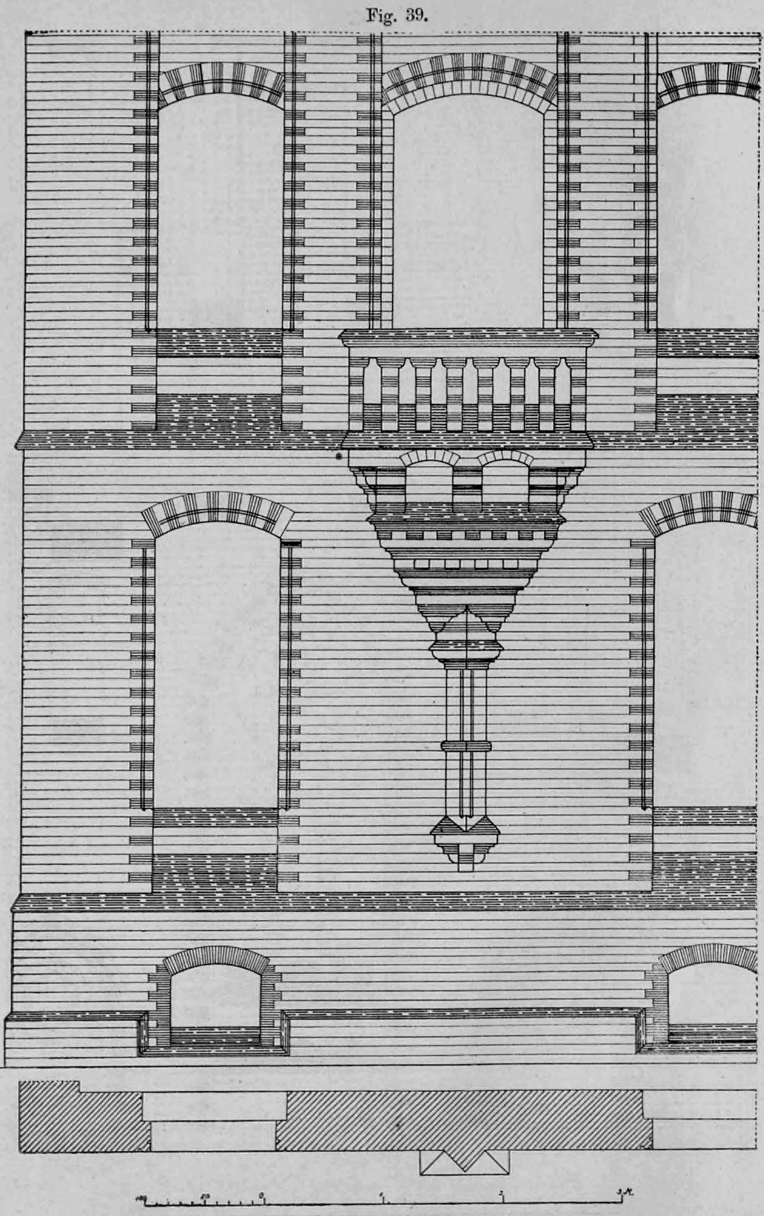 Fig. 39: Detailansicht eines Fassadenabschnitts mit einem polygonalen Erker und Segmentbogenfenstern sowie einem zugehörigen horizontalen Schnitt.