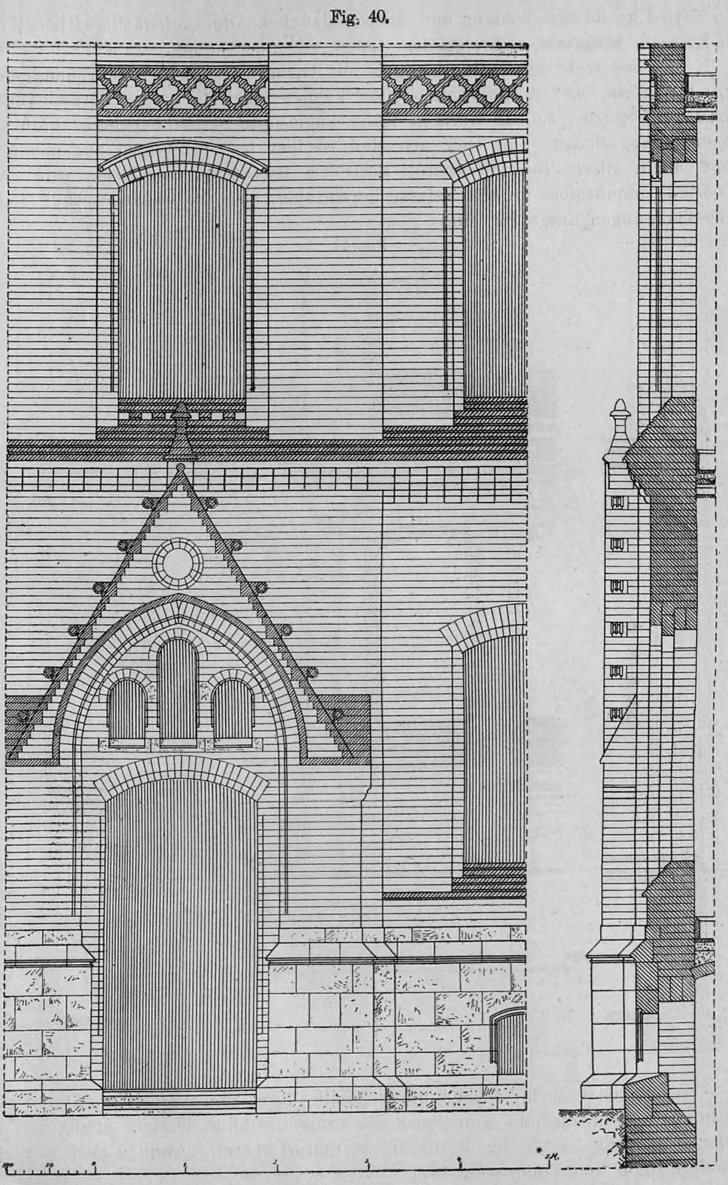 Fig. 40: Detailansicht und Vertikalschnitt eines Hauseingangs mit neogotischer Wimpergbekrönung.