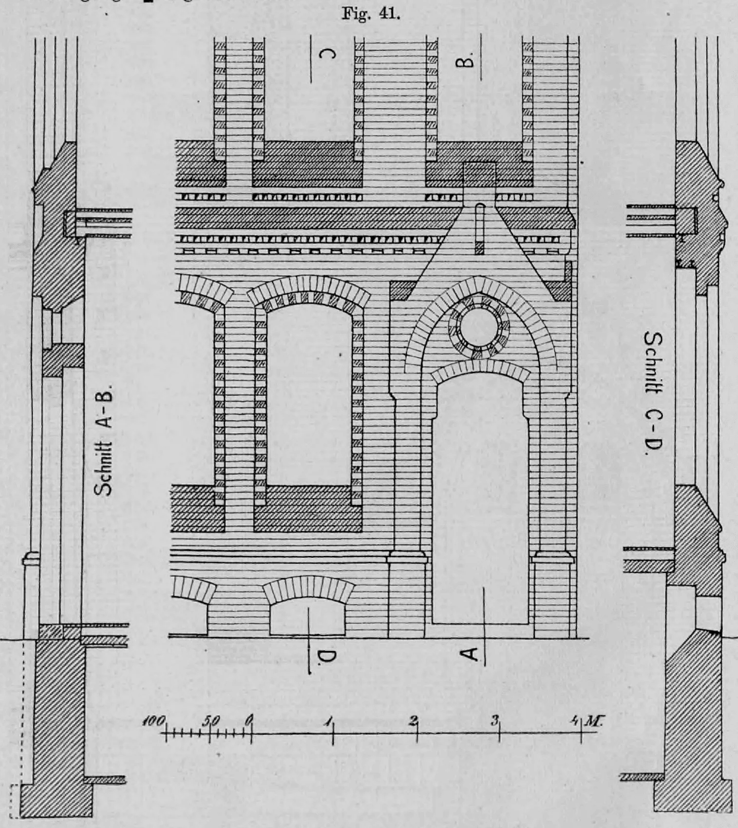 Fig. 41: Aufriss und vertikale Schnitte einer neugotischen Portal- oder Fensterarchitektur aus Backstein.