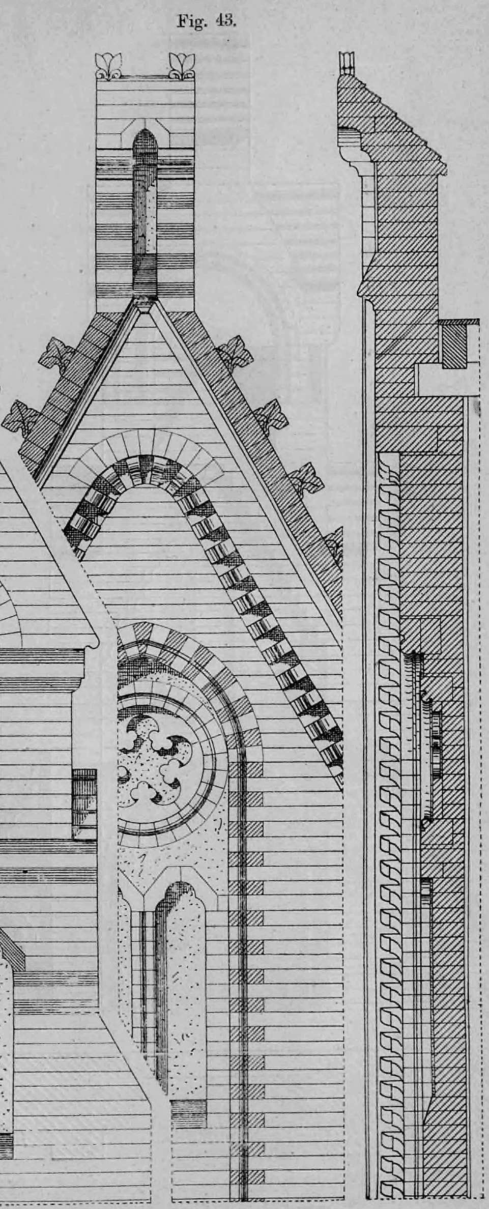 Fig. 43: Aufriss und Profilschnitt eines neugotischen Giebels mit Fensterrose und Schornstein.