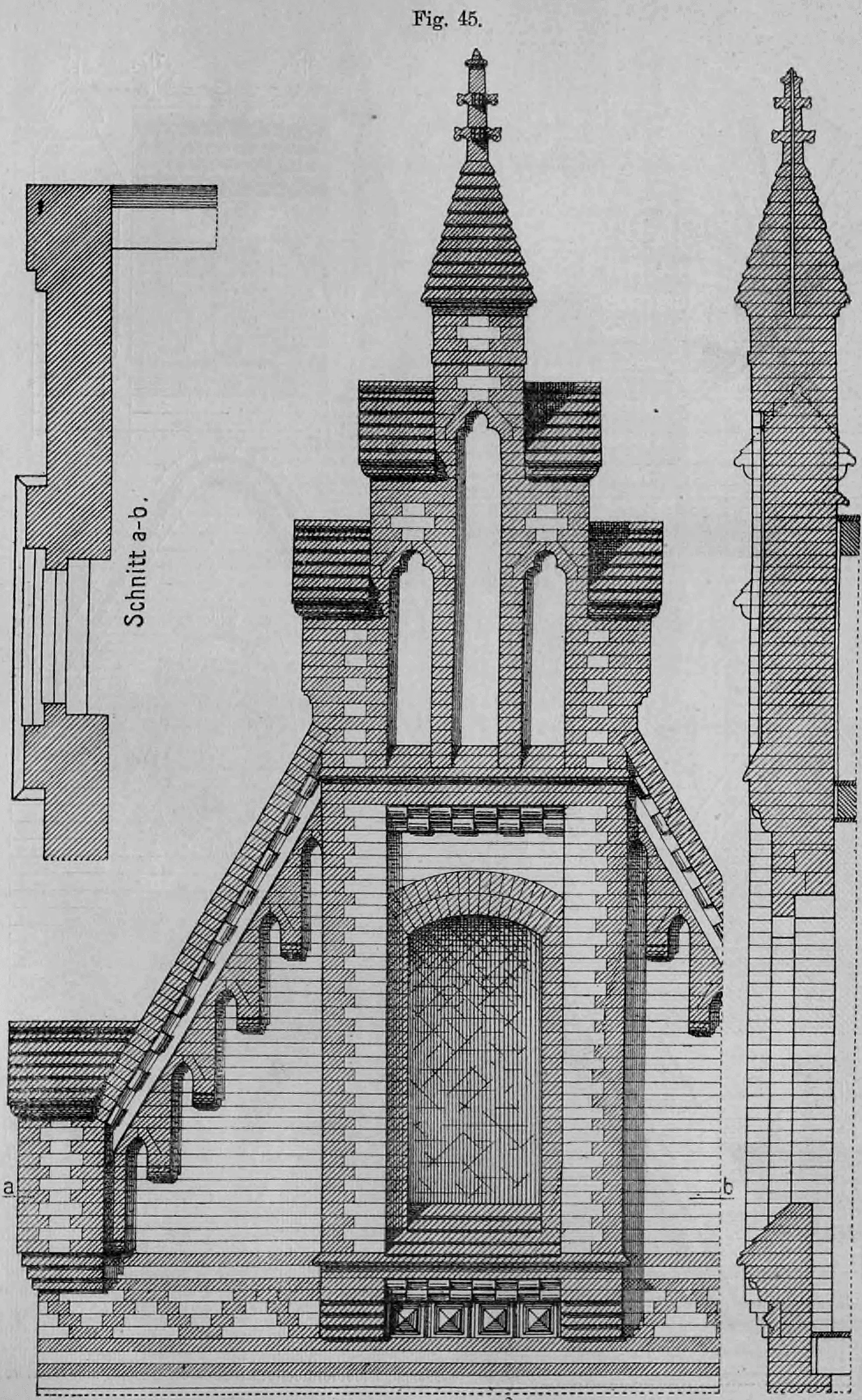 Fig. 45: Detailansicht einer Fassade mit zentralem Fenster, Giebelspitze und dazugehörigen Schnitten.