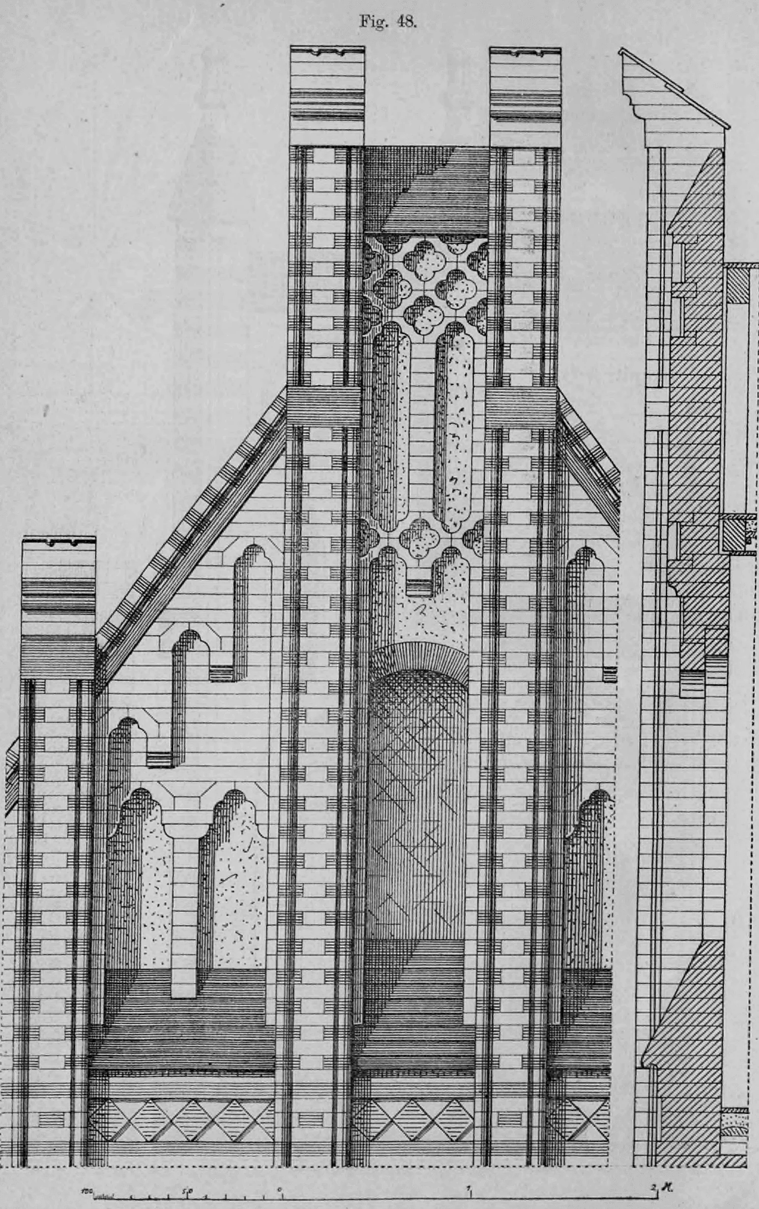 Fig. 48.: Detaillierte Ansicht und vertikaler Schnitt eines neugotischen Giebeloberteils.