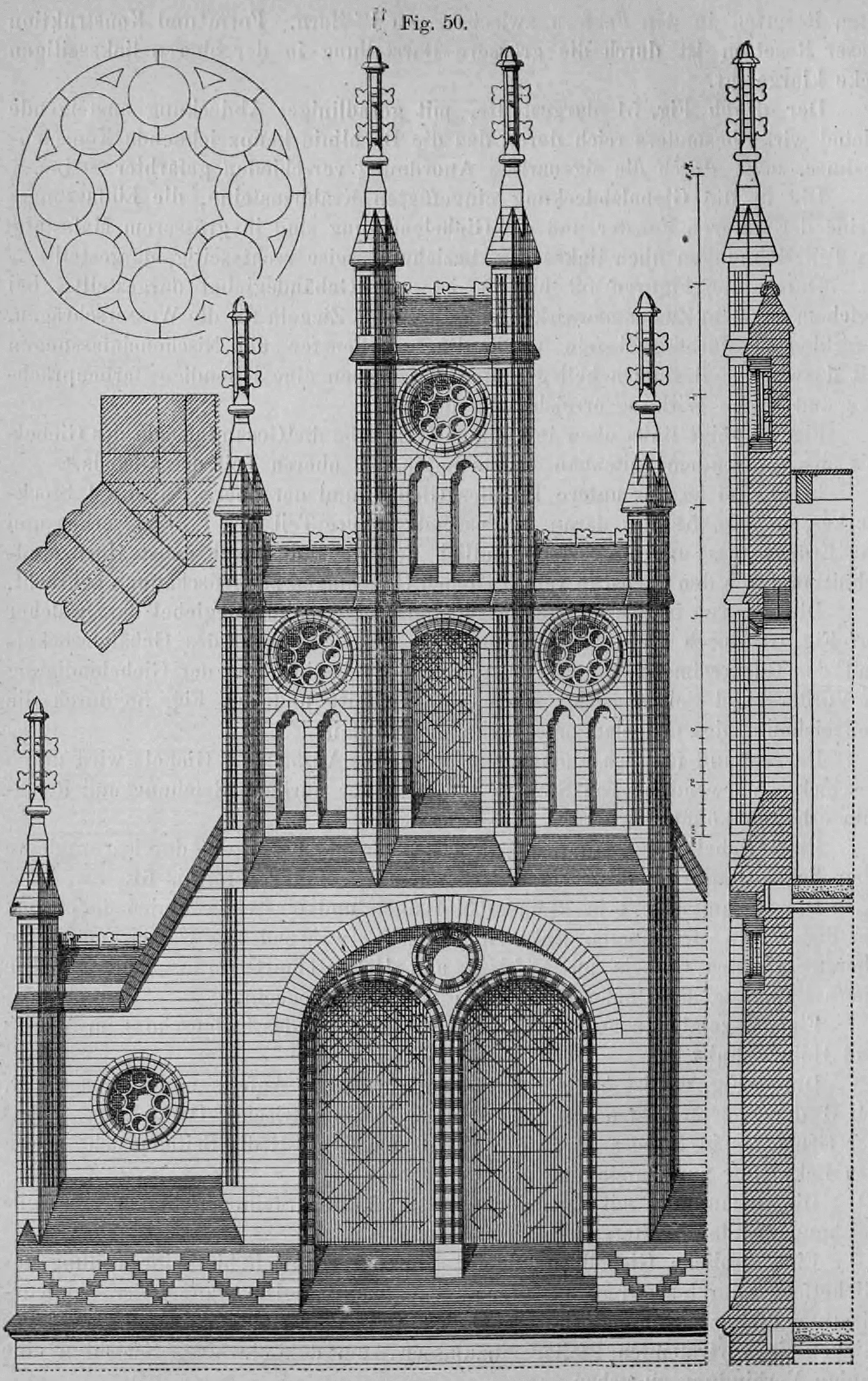 Fig. 50: Detaillierte architektonische Zeichnung eines prunkvollen gotischen Giebels mit Fialen, Rosetten und Schnittzeichnung.