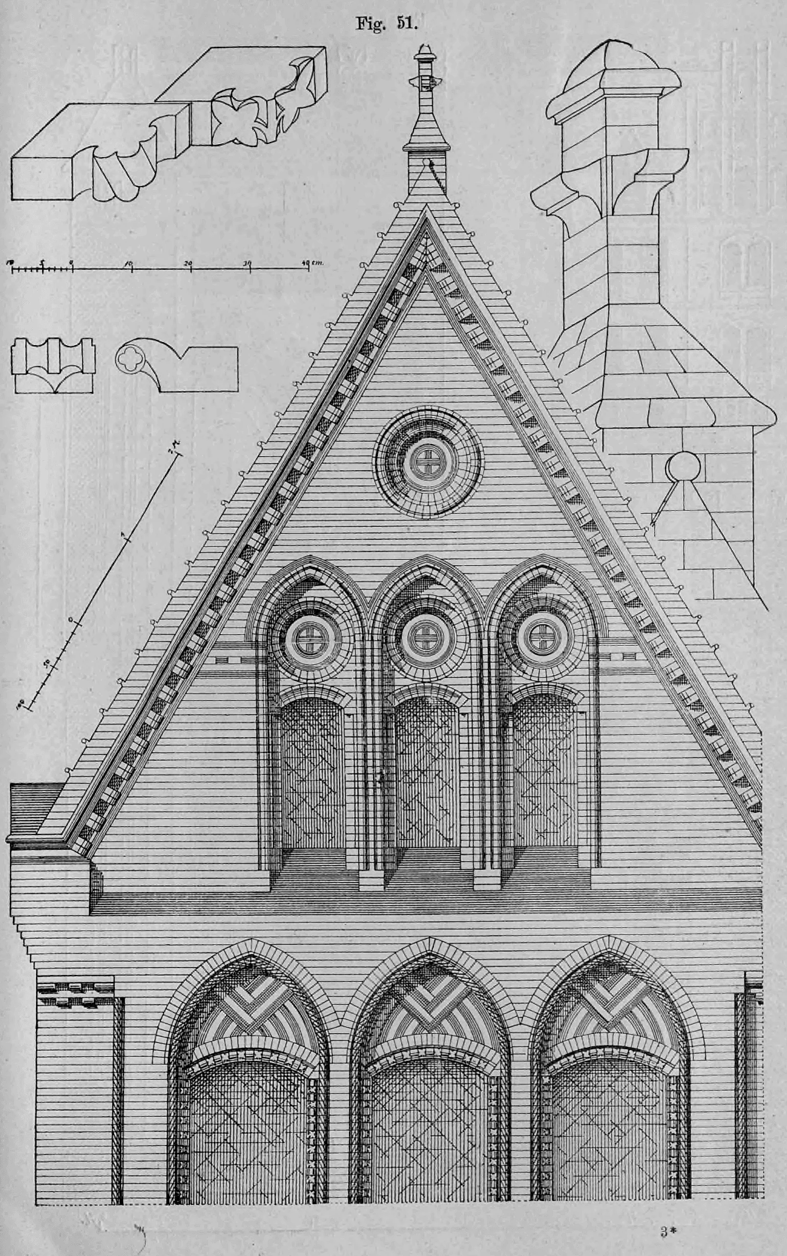 Fig. 51.: Detaillierte architektonische Zeichnung eines neugotischen Giebels mit verschiedenen Detailstudien.
