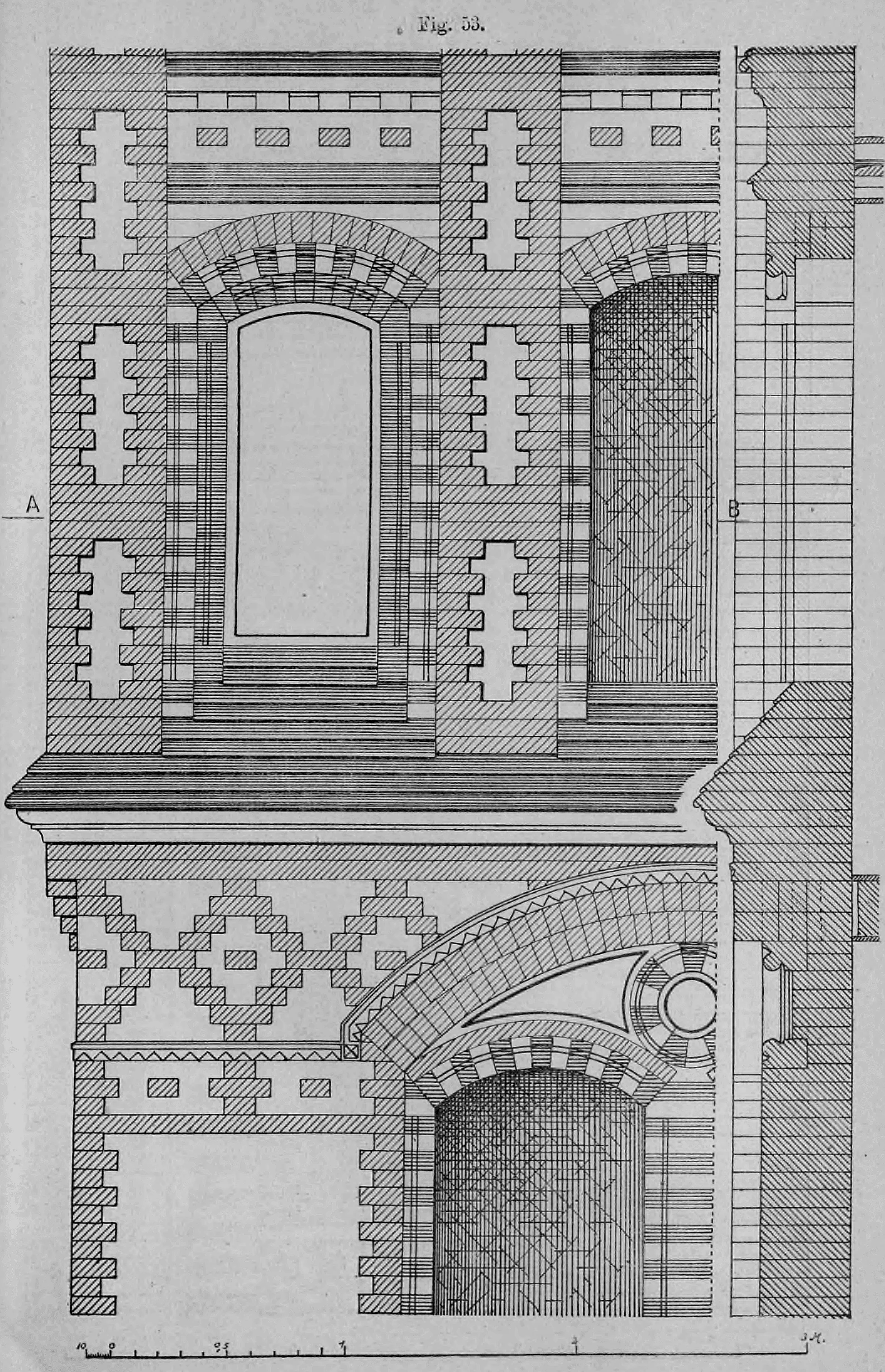 Fig. 53.: Detaillierte Aufriss- und Schnittzeichnung einer dekorativen Ziegelfassade mit Rautenmuster.