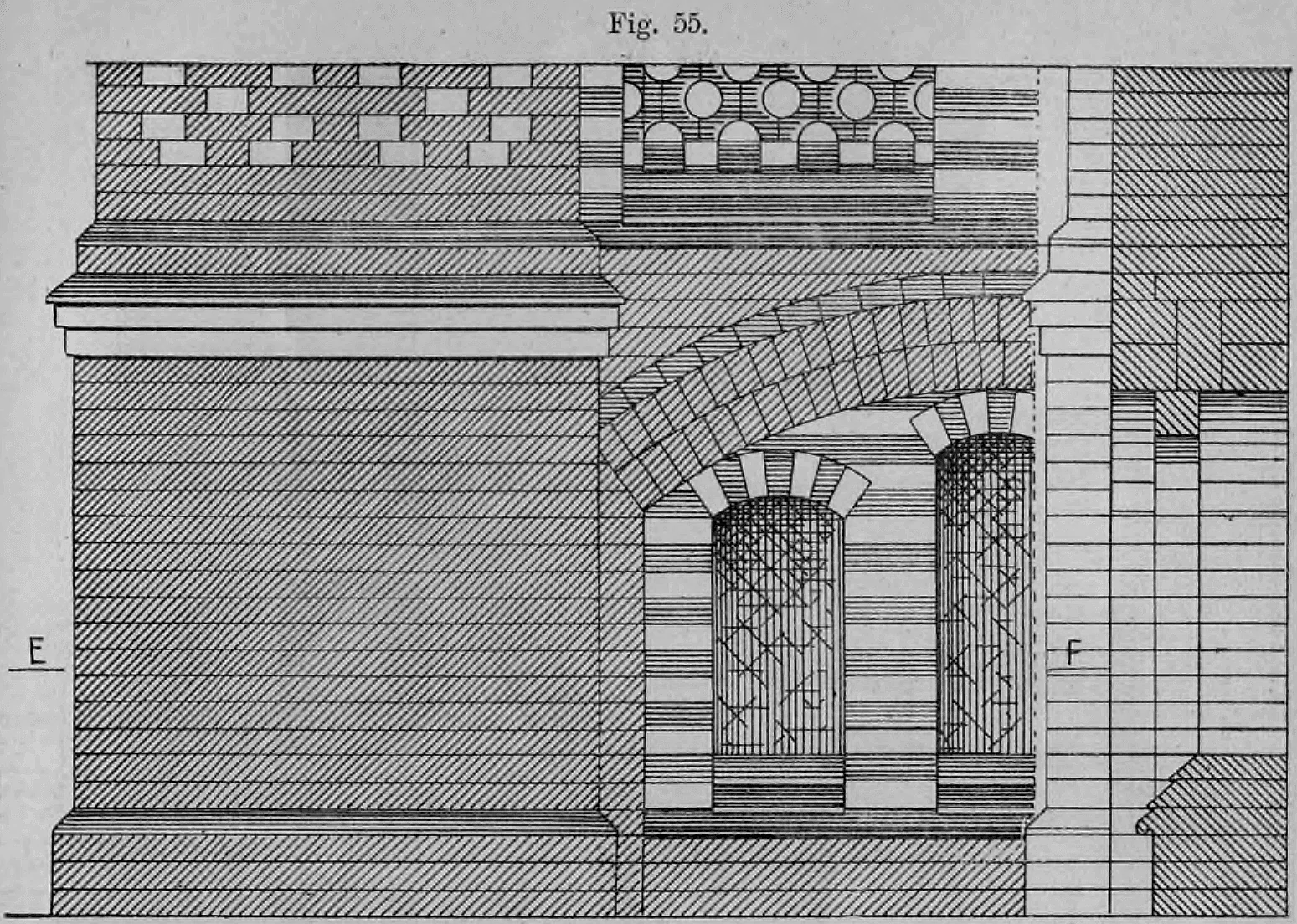 Fig. 55: Detaillierte Fassadenansicht eines Gebäudesockels mit zwei Spitzbogenfenstern.