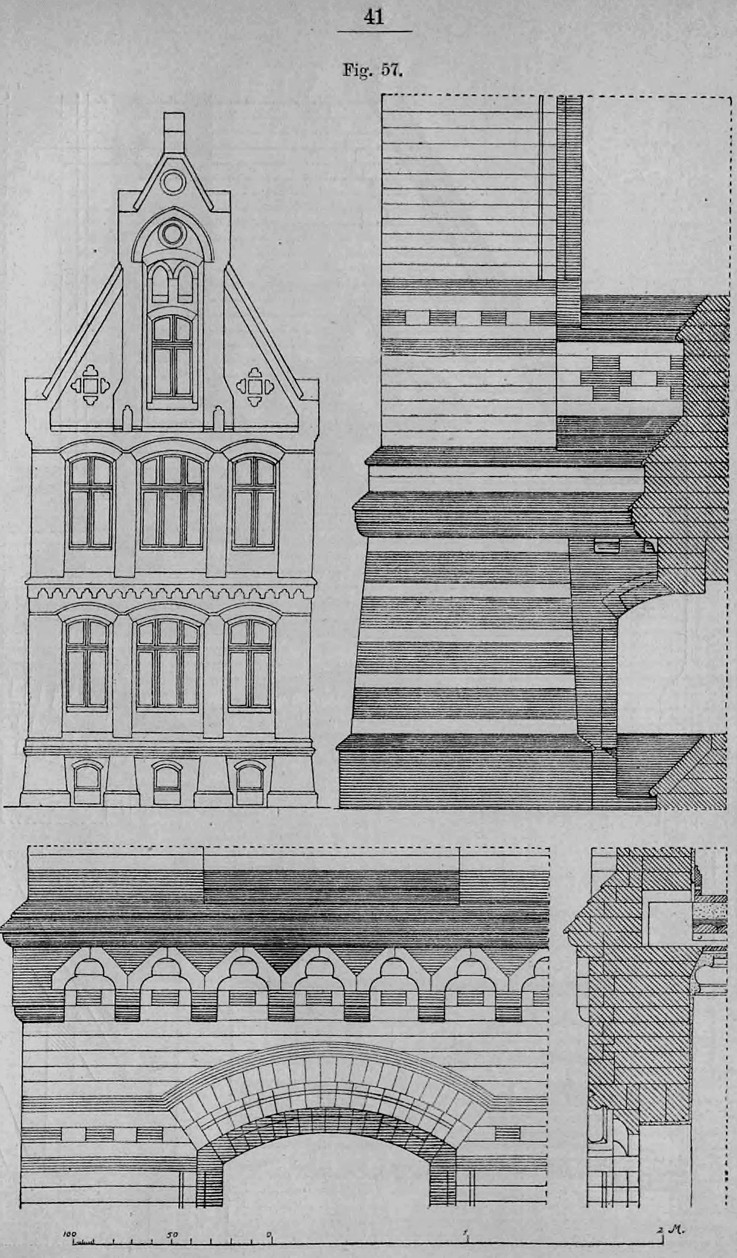 Fig. 57.: Architektonische Zusammenstellung mit der Gesamtansicht eines Wohnhauses.