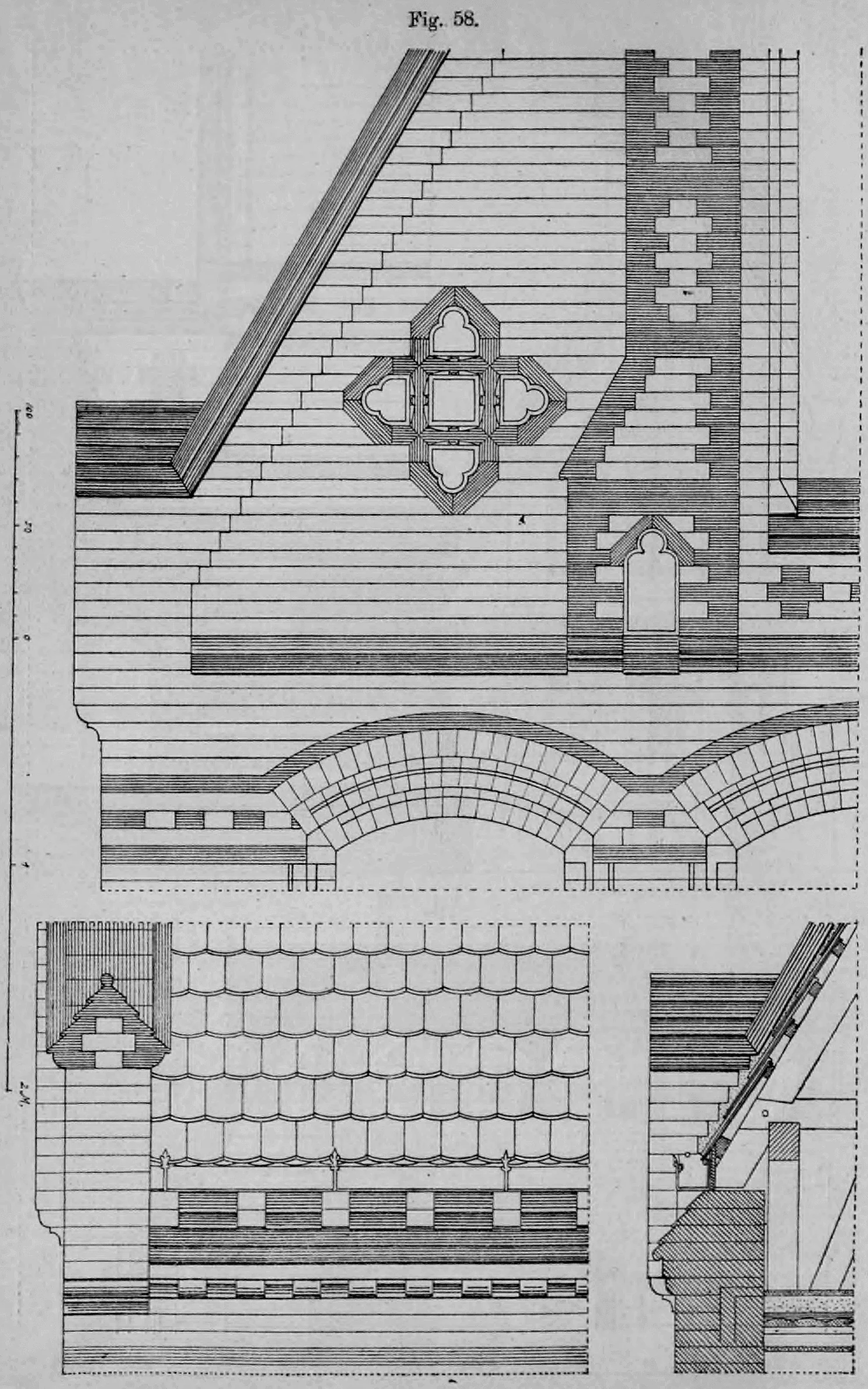 Fig. 58: Detailzeichnungen eines Giebelanfanges mit Ansichten und Konstruktionsschnitten.