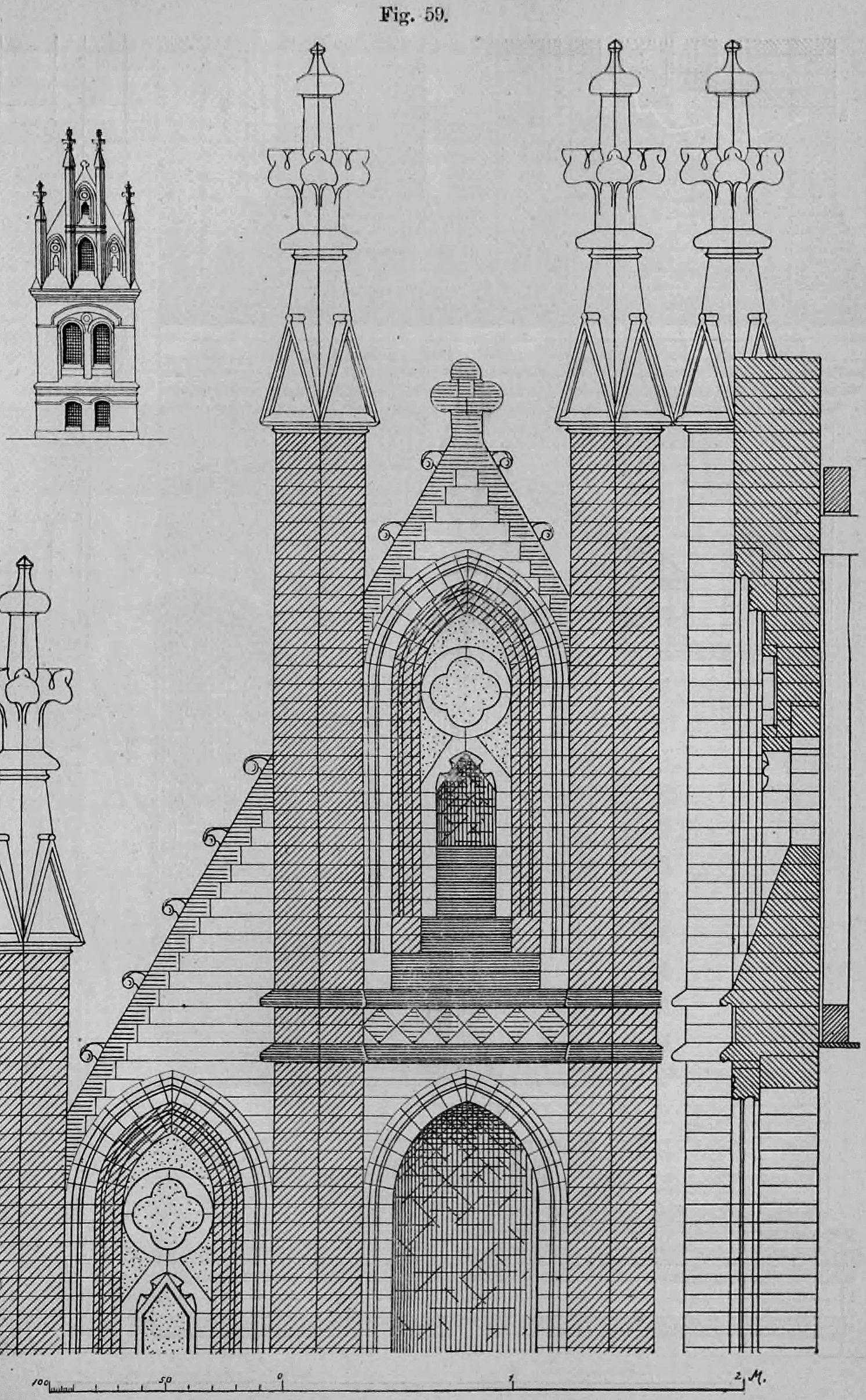 Fig. 59: Detaillierte Aufrisse und Schnitte von neugotischen Giebeldetails.