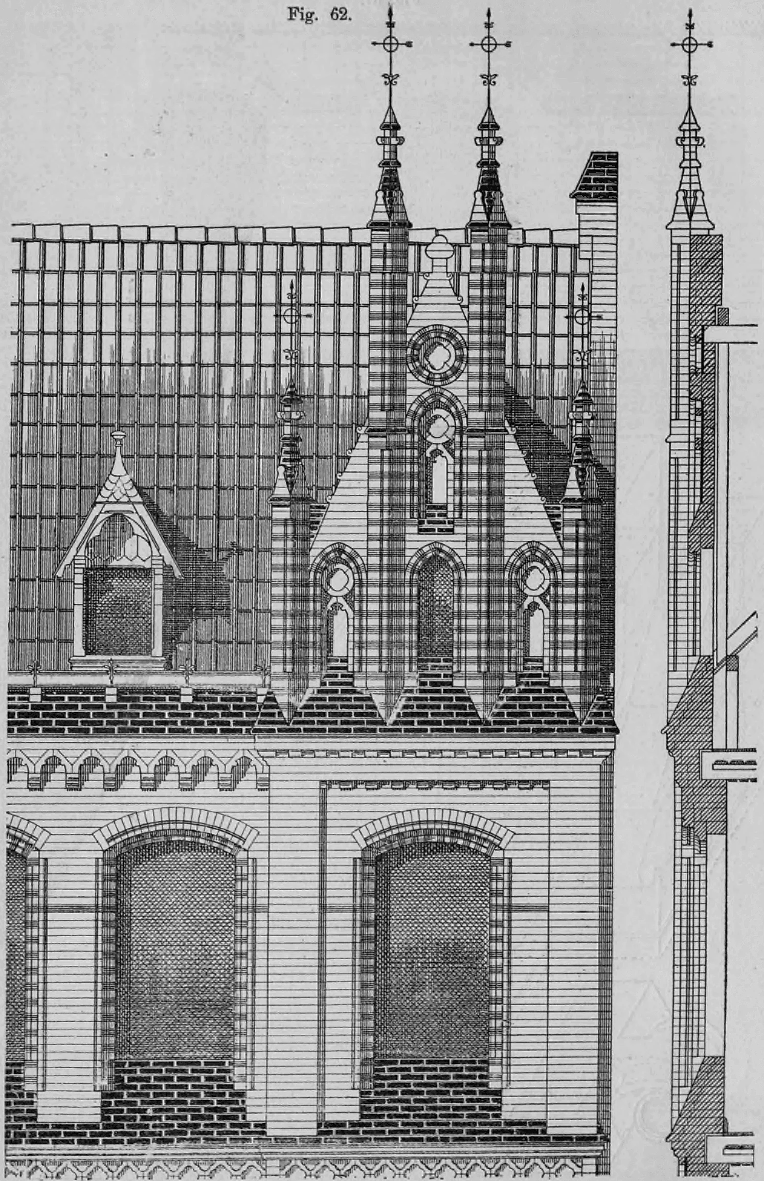 Fig. 62.: Detaillierte Aufrisszeichnung und Profilschnitt einer neugotischen Fassade.
