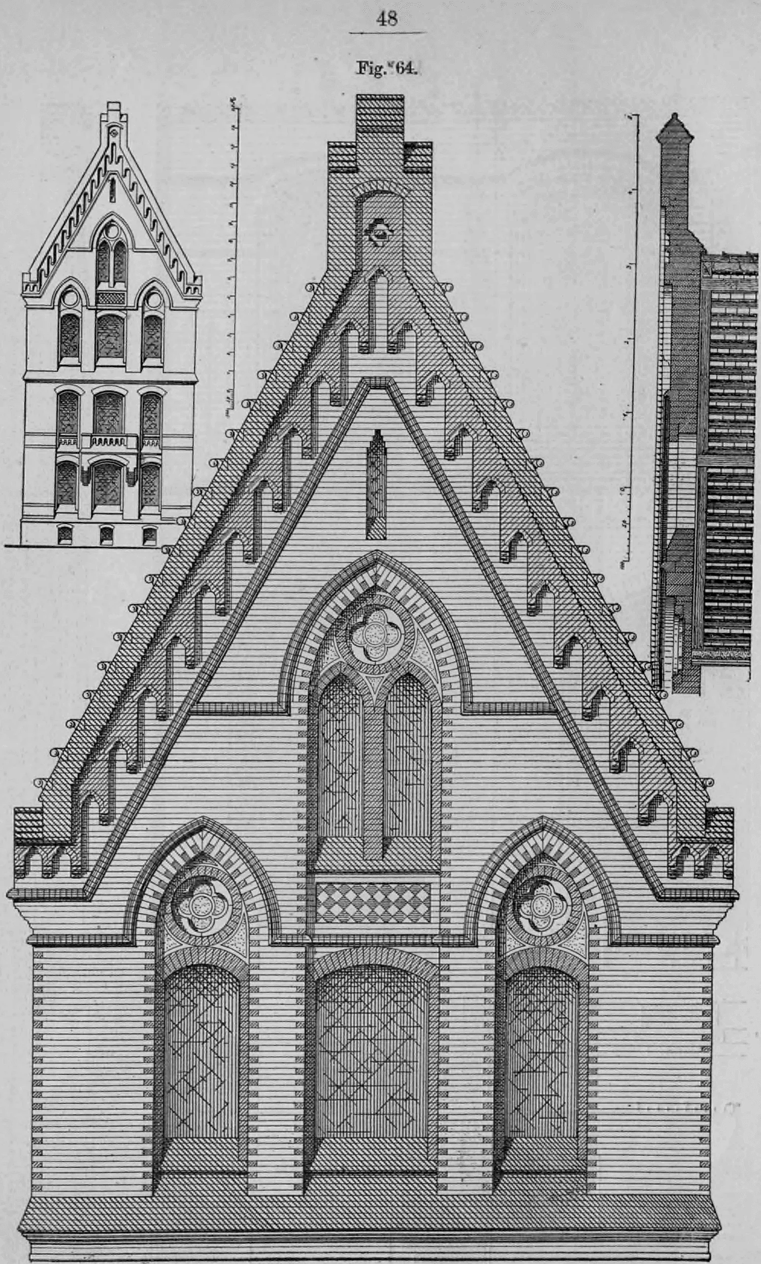 Fig. 64: Detaillierte Ansicht eines großen, verzierten Giebels mit drei spitzbogigen Fenstern.