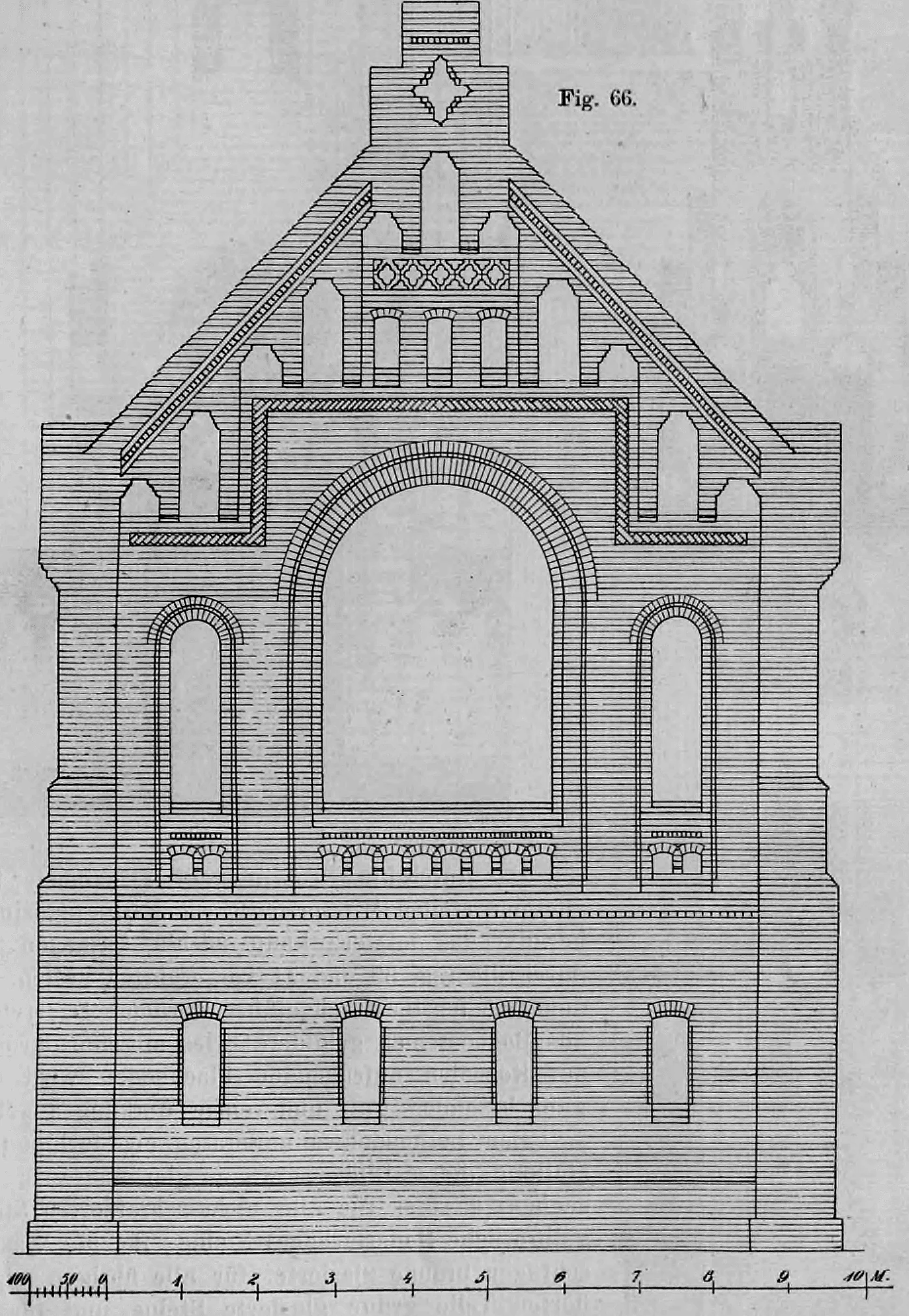 Fig. 66.: Detaillierte Aufrisszeichnung eines Ziegelgiebels mit einem großen zentralen Rundbogenfenster.