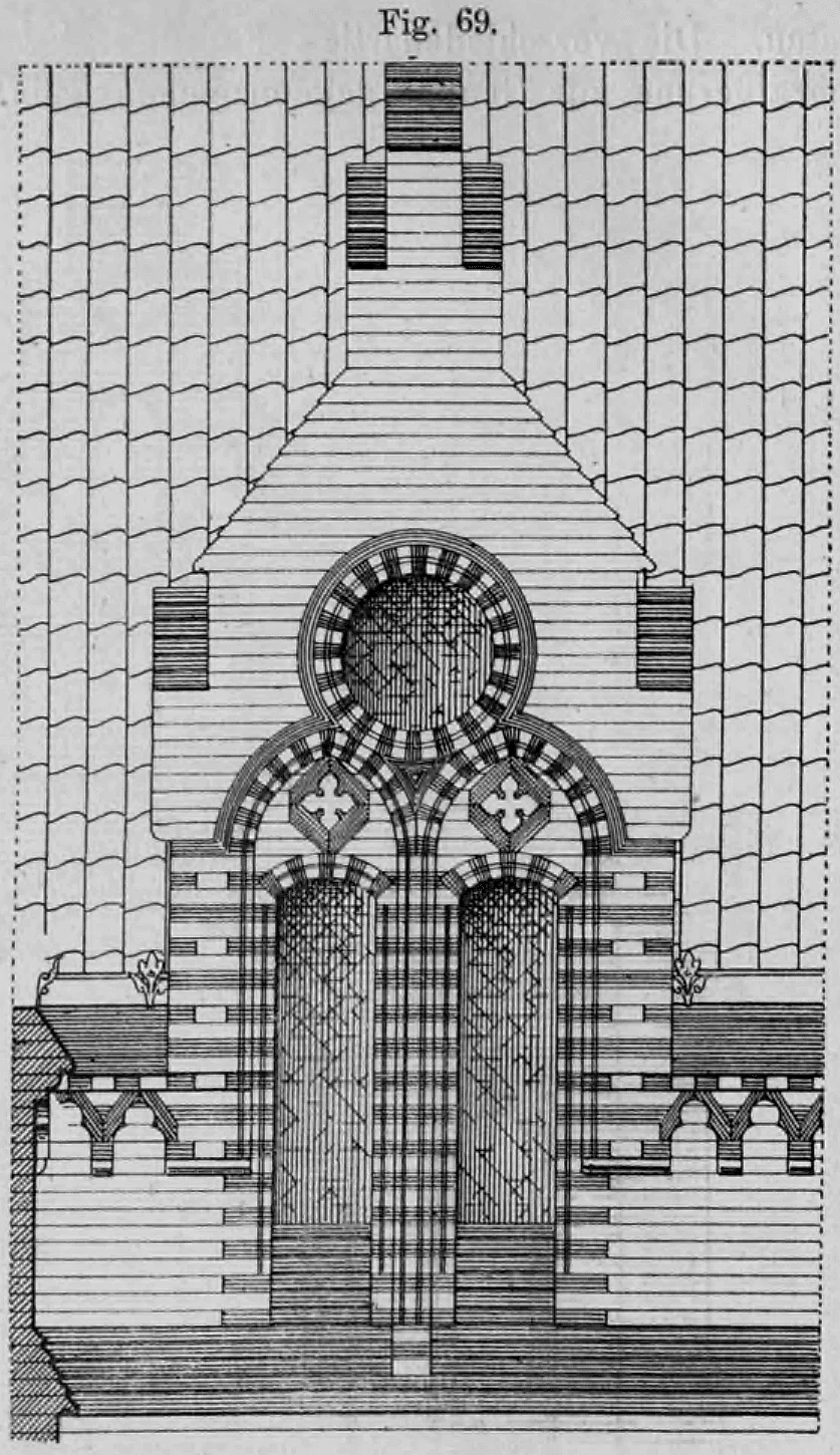 Fig. 69: Architektonische Detailzeichnung eines Dachfenstergiebels (Zwerchhaus), der das Hauptgesims durchbricht.