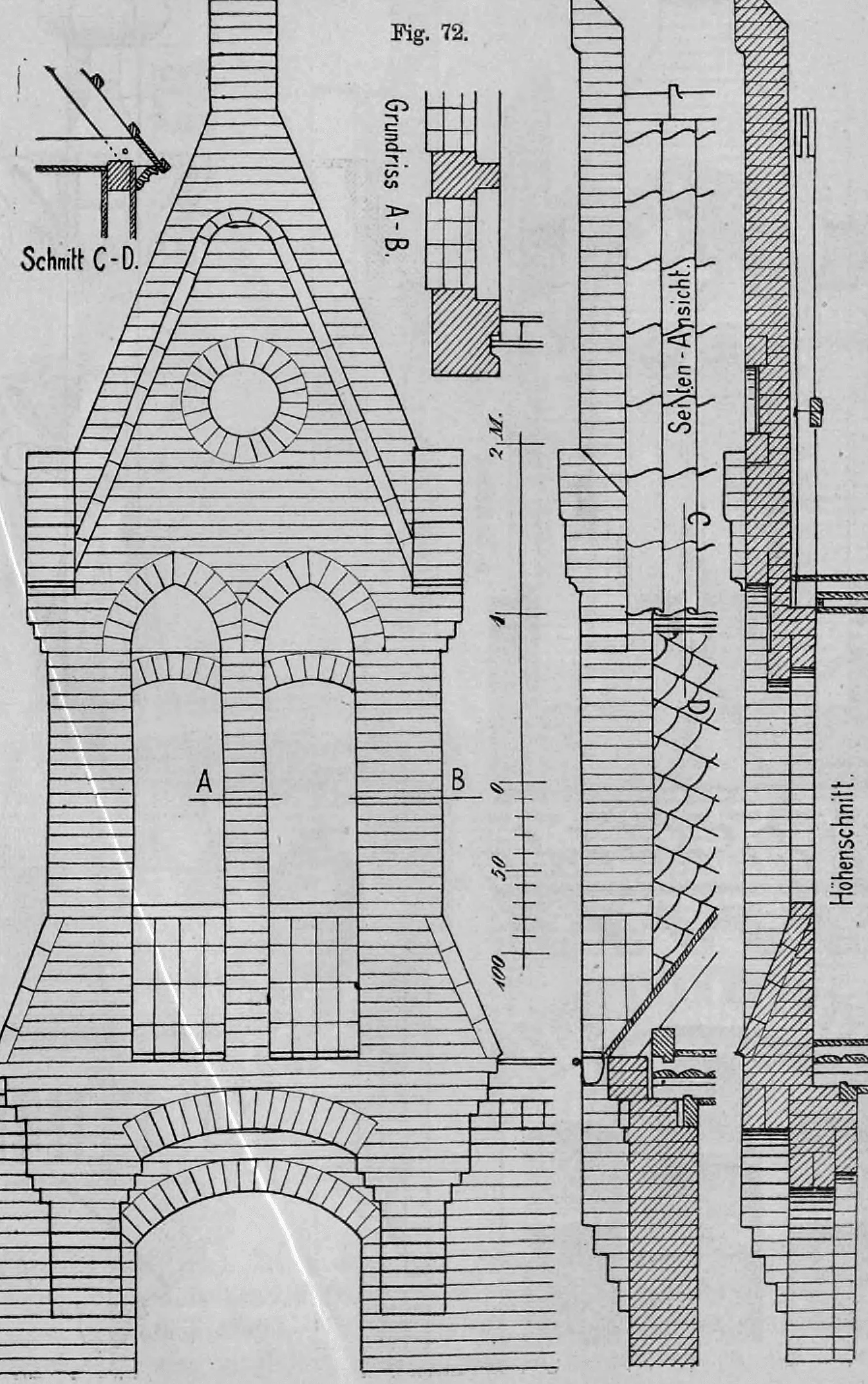 Fig. 72: Detaillierte Bauzeichnung eines massiven Giebelaufbaus (Zwerchhaus) mit verschiedenen Ansichten und Schnitten.