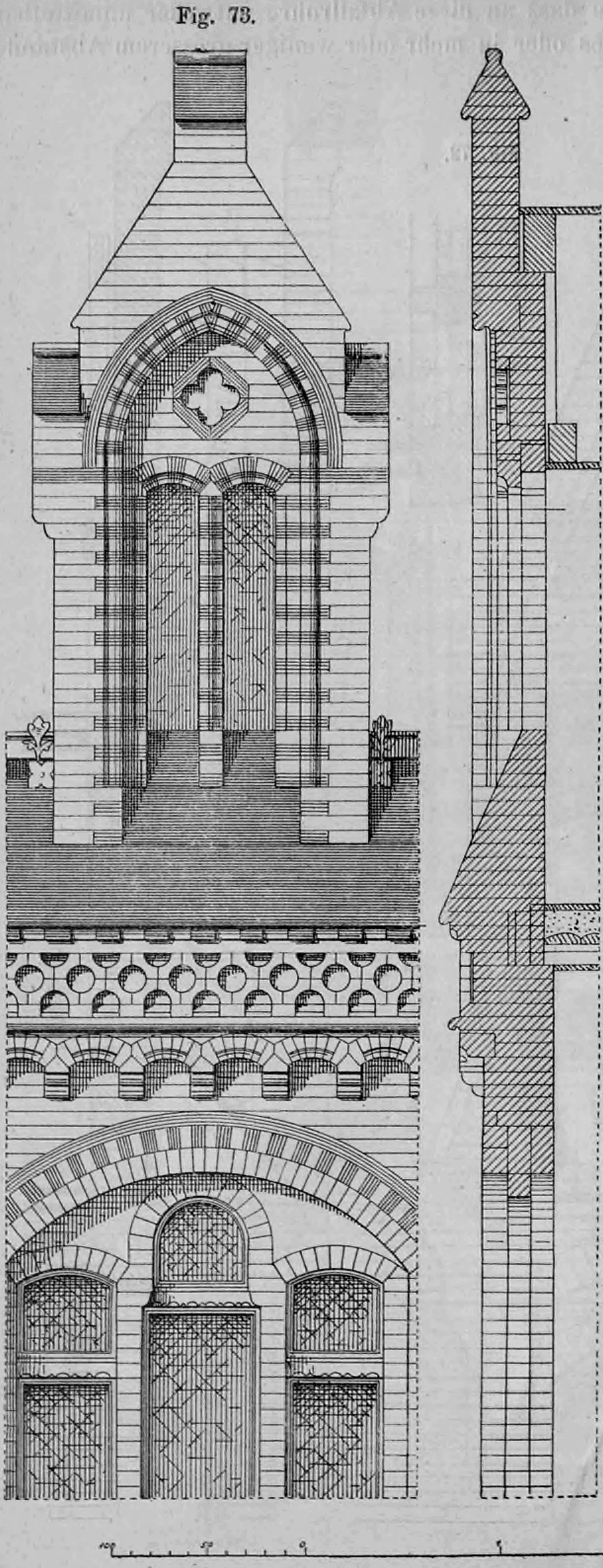 Fig. 73: Vorderansicht und vertikaler Schnitt eines gotisierenden Dachfenstergiebels.
