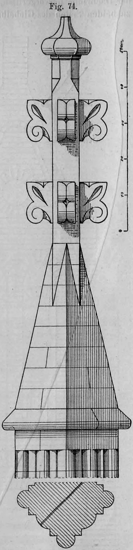 Fig. 74: Detailansicht einer Fiale mit Krabbenbesatz und Grundriss.