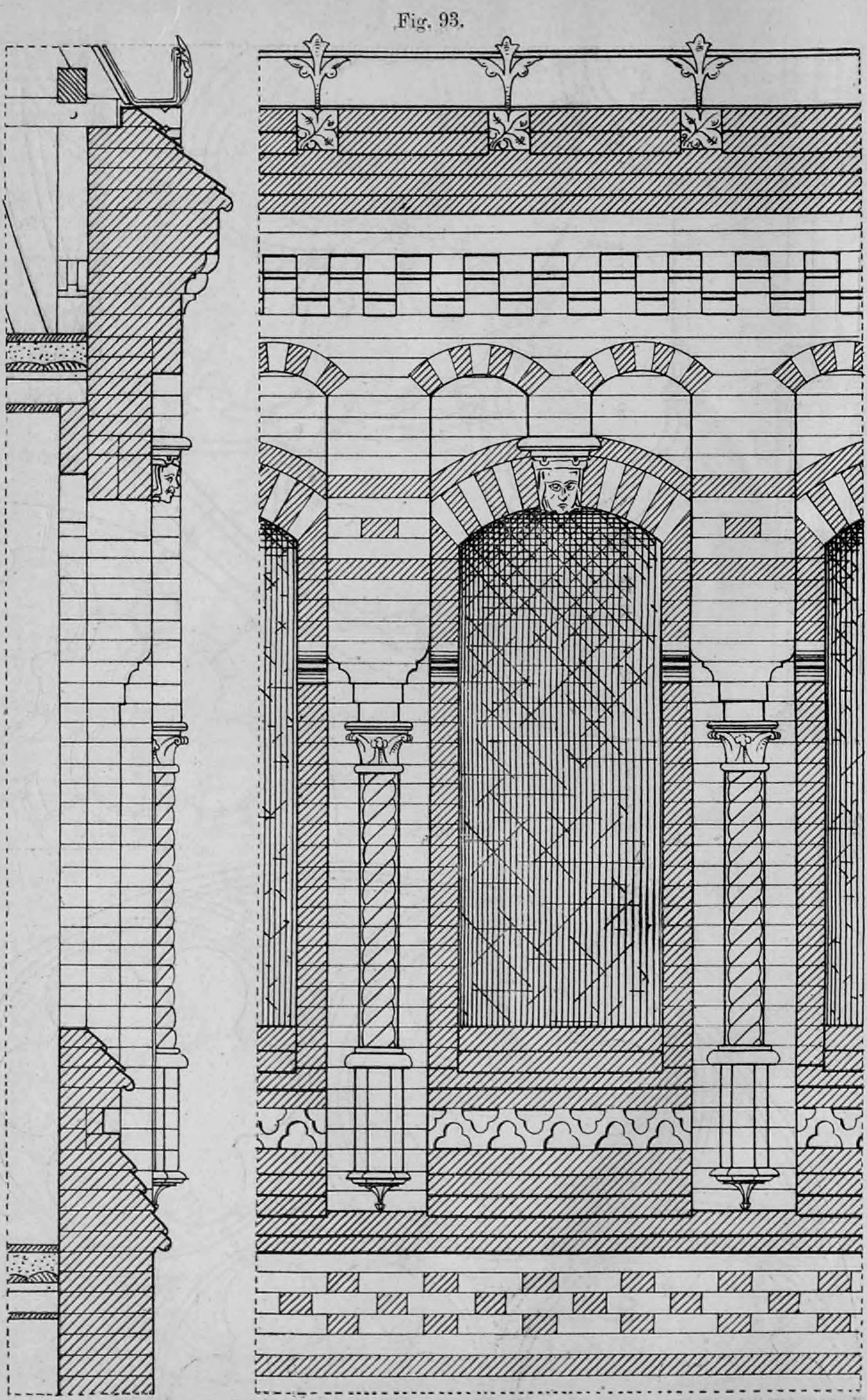 Fig. 93.: Umfangreiche architektonische Zeichnung einer Fassadenpartie mit Profilschnitt und Vorderansicht.