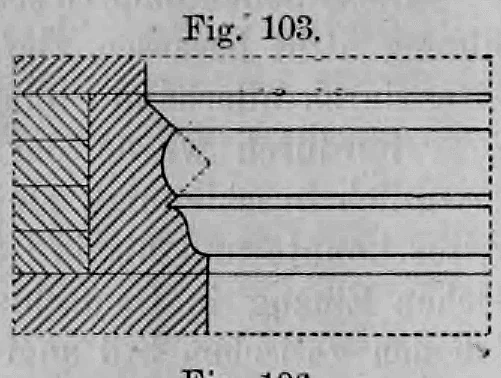 Fig. 103: Detailliertes Sockelgesims mit mehrfacher konvex-konkaver Profilierung.