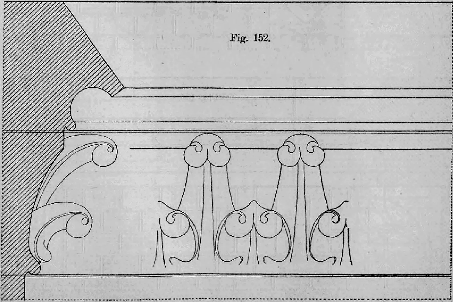 Fig. 152: Profil und Teilansicht eines verzierten Gesimses mit einem Fries aus floralen Ornamenten.