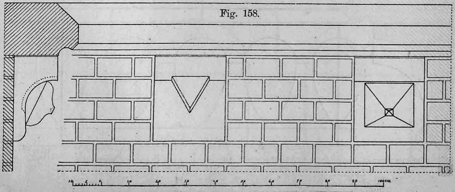 Fig. 158: Profil und Teilansicht eines Gesimses mit geometrischen Friesornamenten.