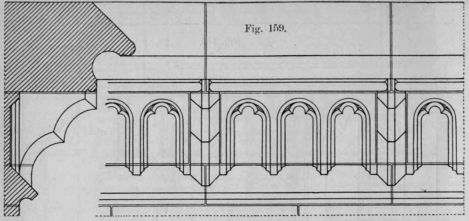 Fig. 159: Profil und Teilansicht eines Hauptgesimses mit einem Spitzbogenfries.