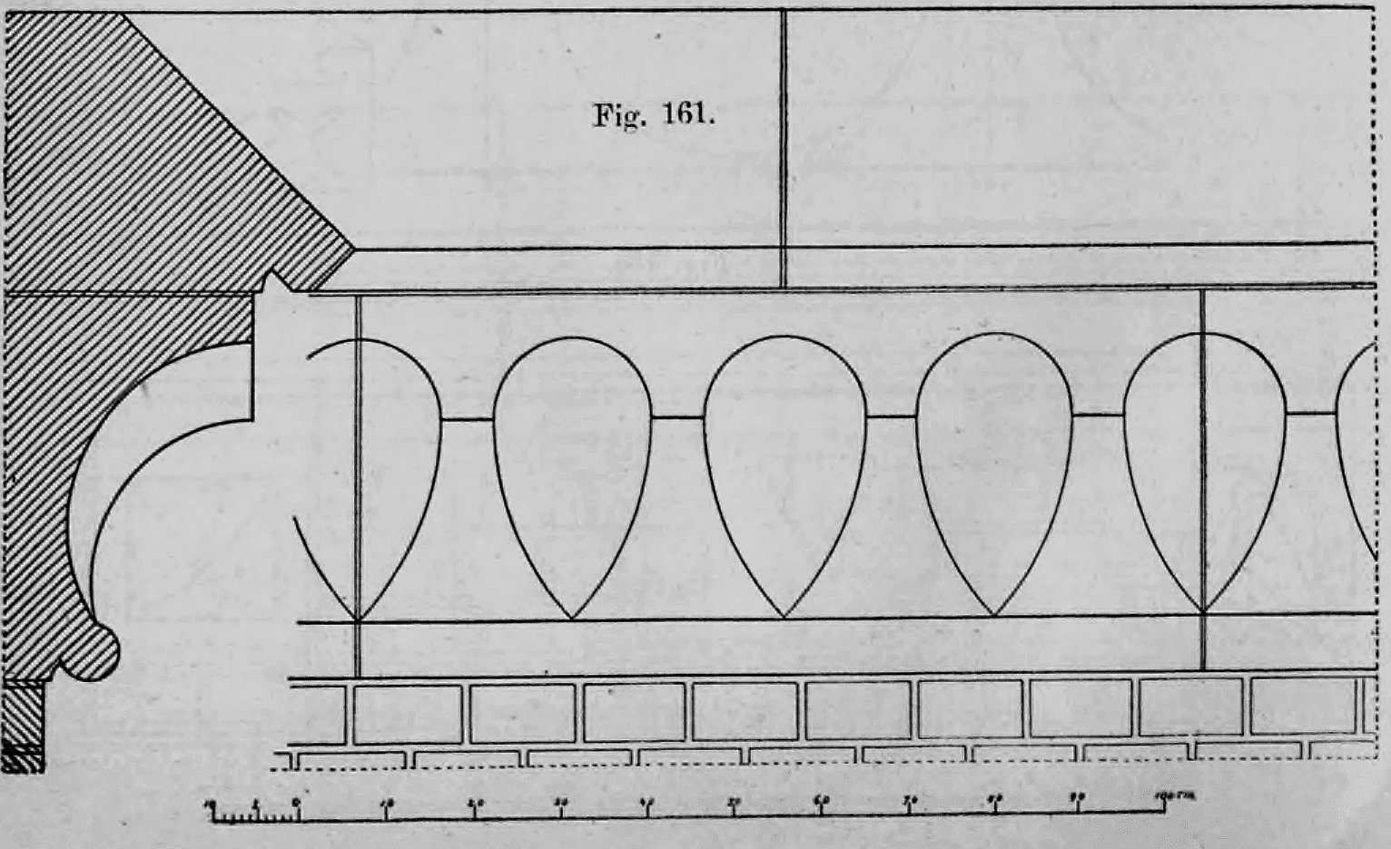 Fig. 161: Profil und Teilansicht eines Hauptgesimses mit tropfenförmigem Friesdekor.