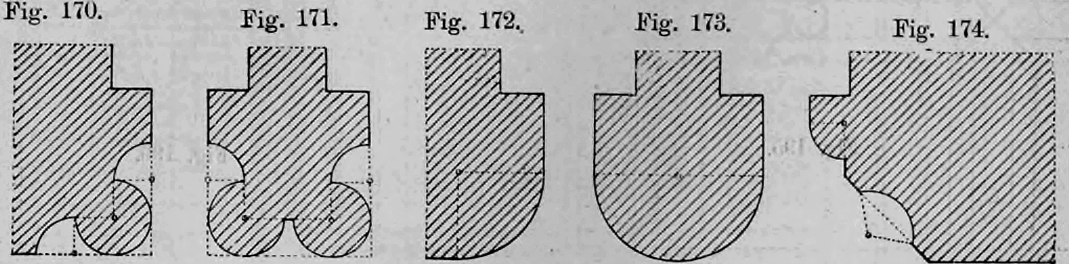 Fig. 170 bis Fig. 174: Zusammenstellung von Profilen, die Rundstäbe in Kombination mit Hohlkehlen verwenden.