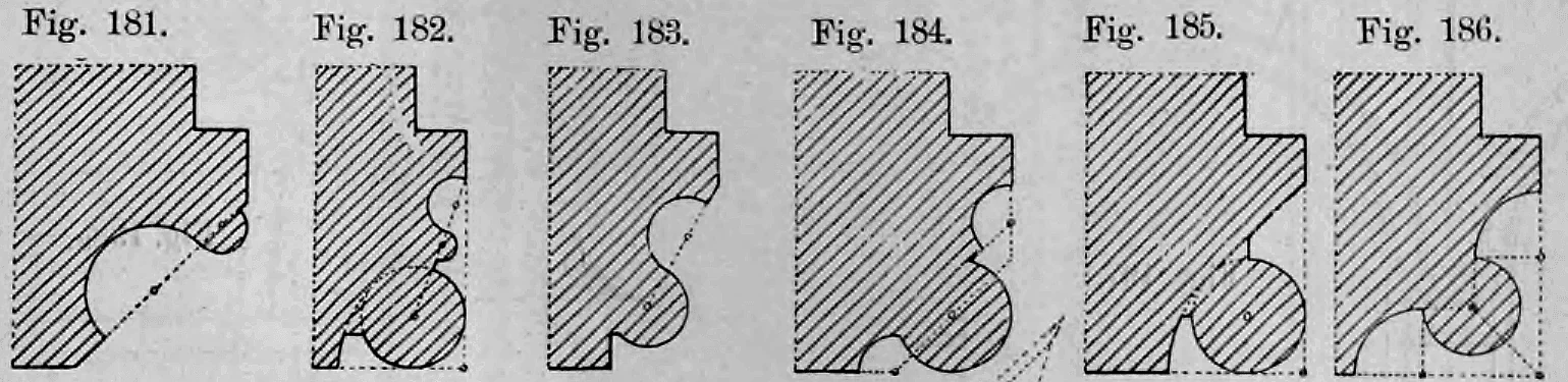 Fig. 181 bis Fig. 186: Zusammenstellung verschiedener komplexer Profilkombinationen für Steinlaibungen.