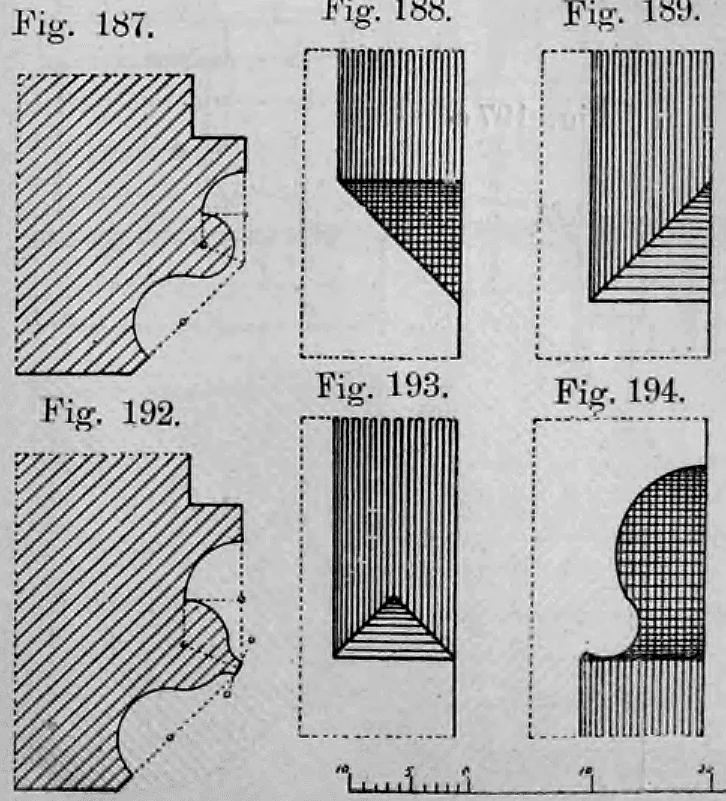Fig. 187, 188, 189, 192, 193, 194: Spezielle Profile wie der Birnstab und verschiedene Möglichkeiten des Profilauslaufs.