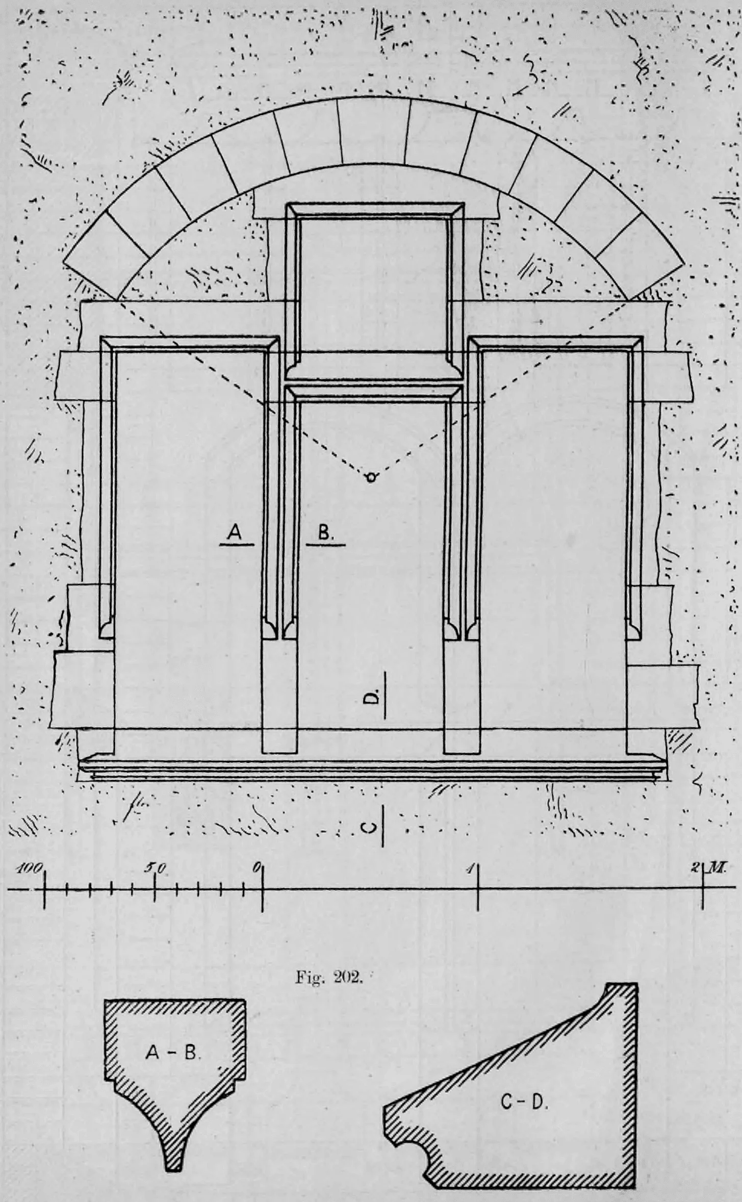 Fig. 202: Architekturzeichnung eines dreifach gekuppelten Fensters mit Segmentbogen.