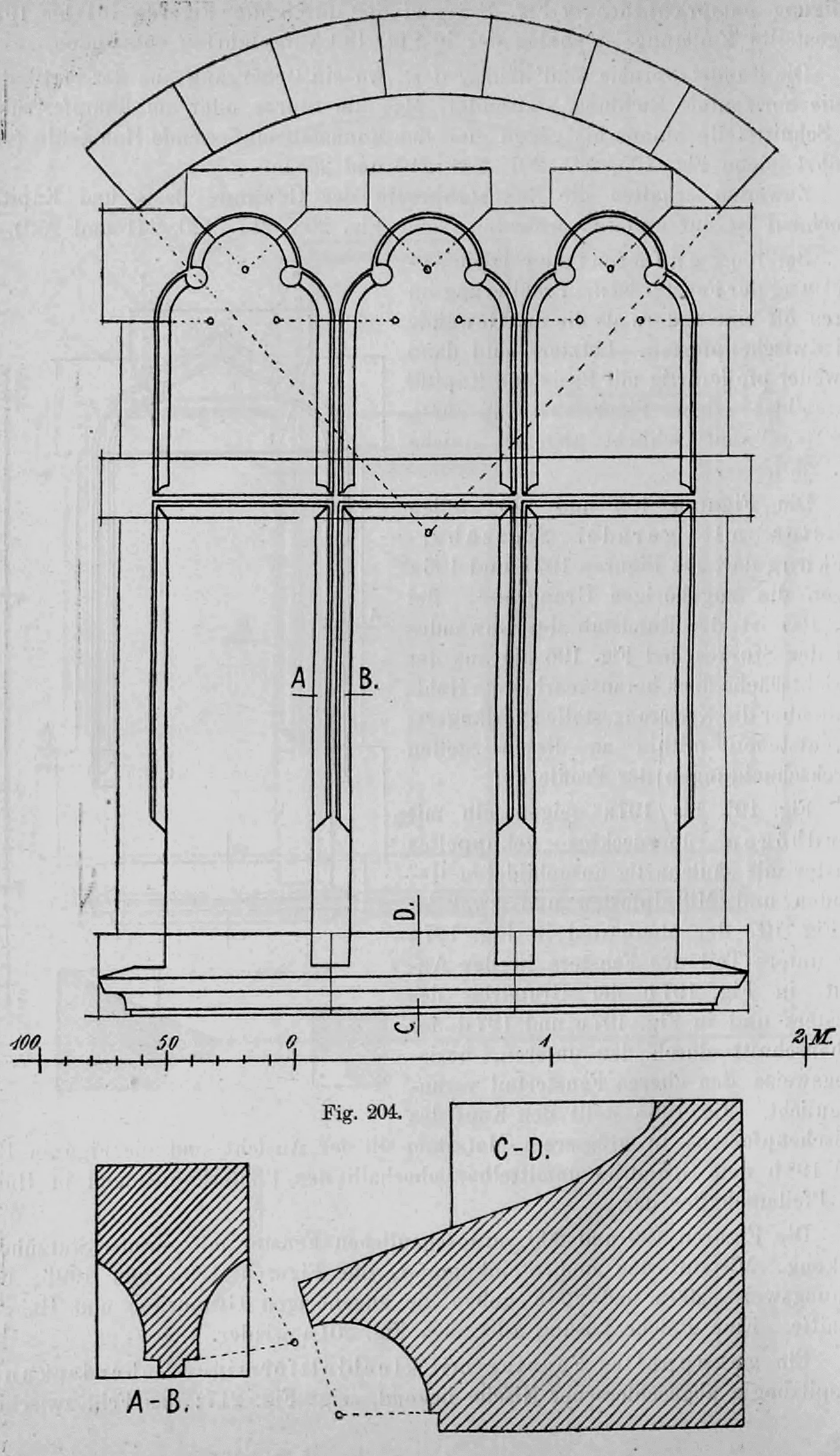 Fig. 204: Detaillierte Darstellung eines dreiteiligen Fensters mit kleeblattförmigen Bögen.