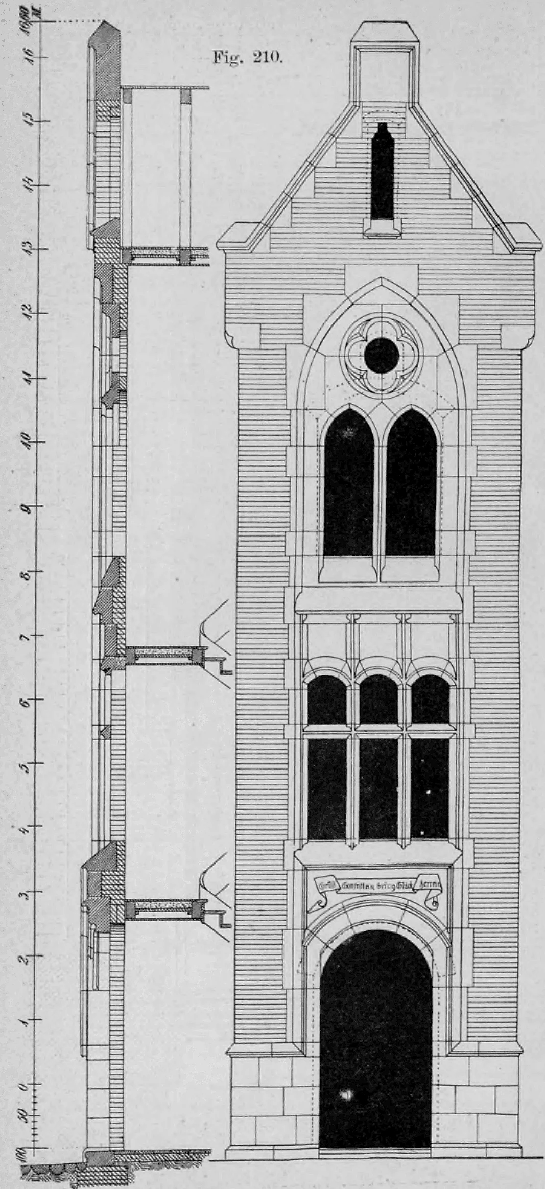 Fig. 210: Vollständiger Aufriss und vertikaler Schnitt eines schmalen, mehrgeschossigen Gebäudeteils.