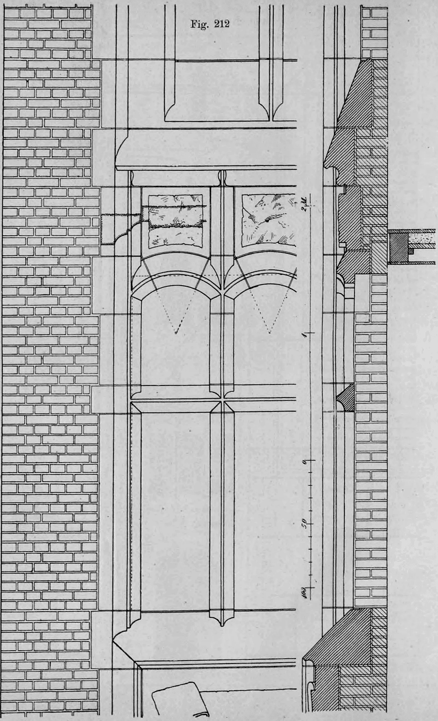Fig. 212: Detailzeichnung einer Wandöffnung in Ziegelbauweise mit Natursteineinfassung.