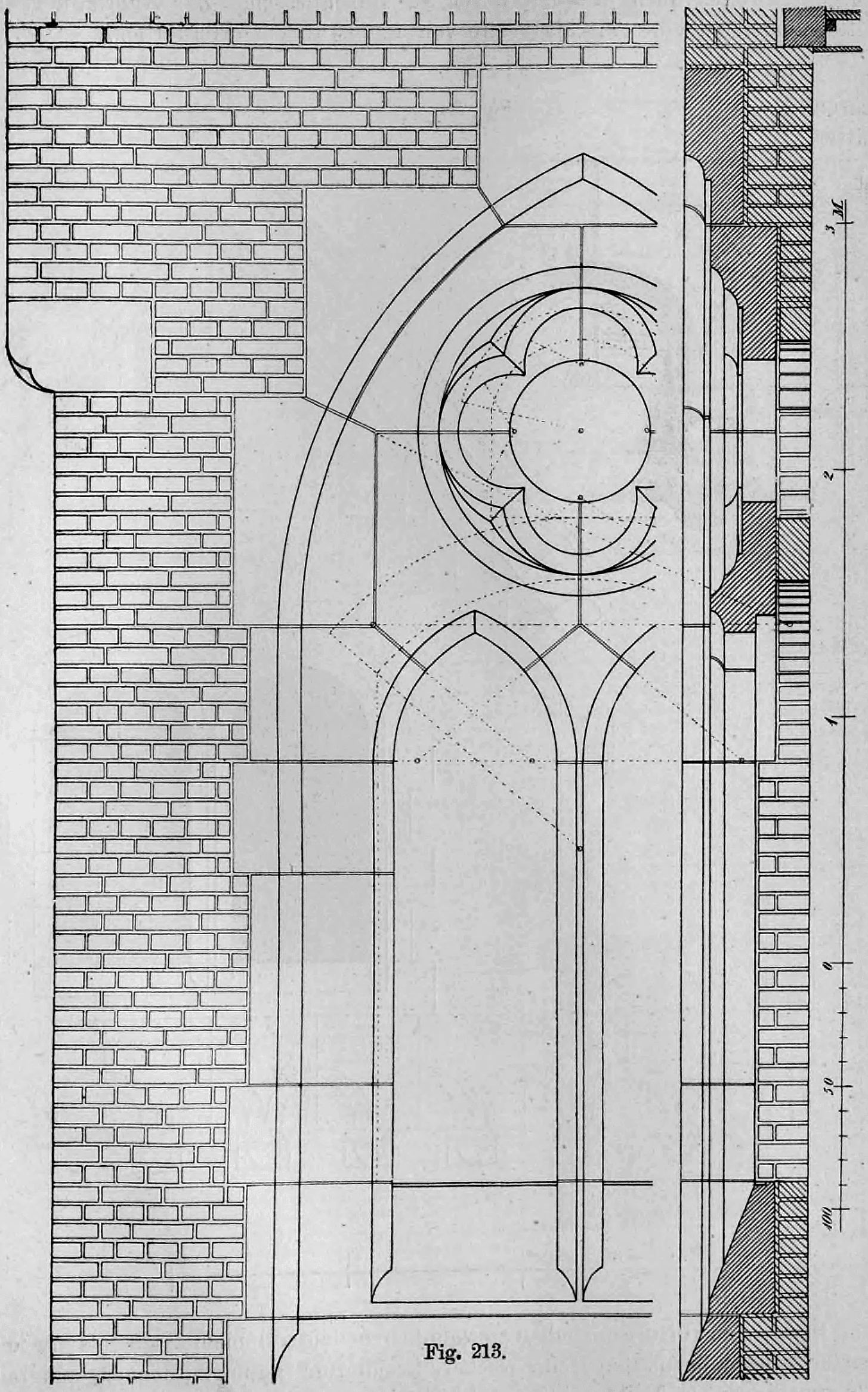 Fig. 213.: Detaillierte Architekturzeichnung eines gotisierenden Fensters mit Maßwerk.