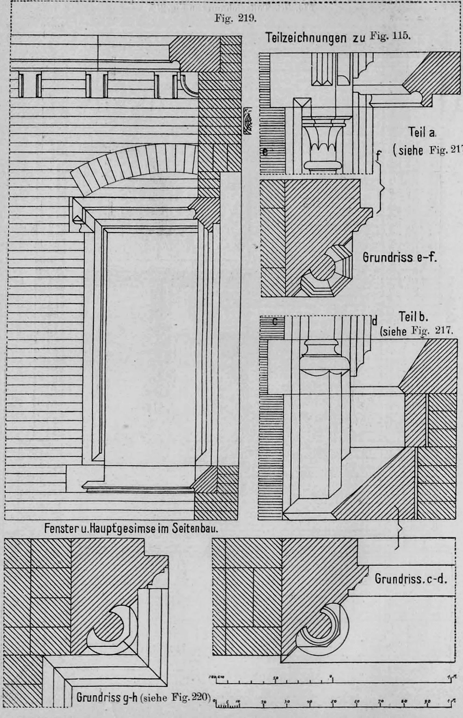 Fig. 219: Zusammenstellung technischer Detailzeichnungen für Fenster und Gesimse.