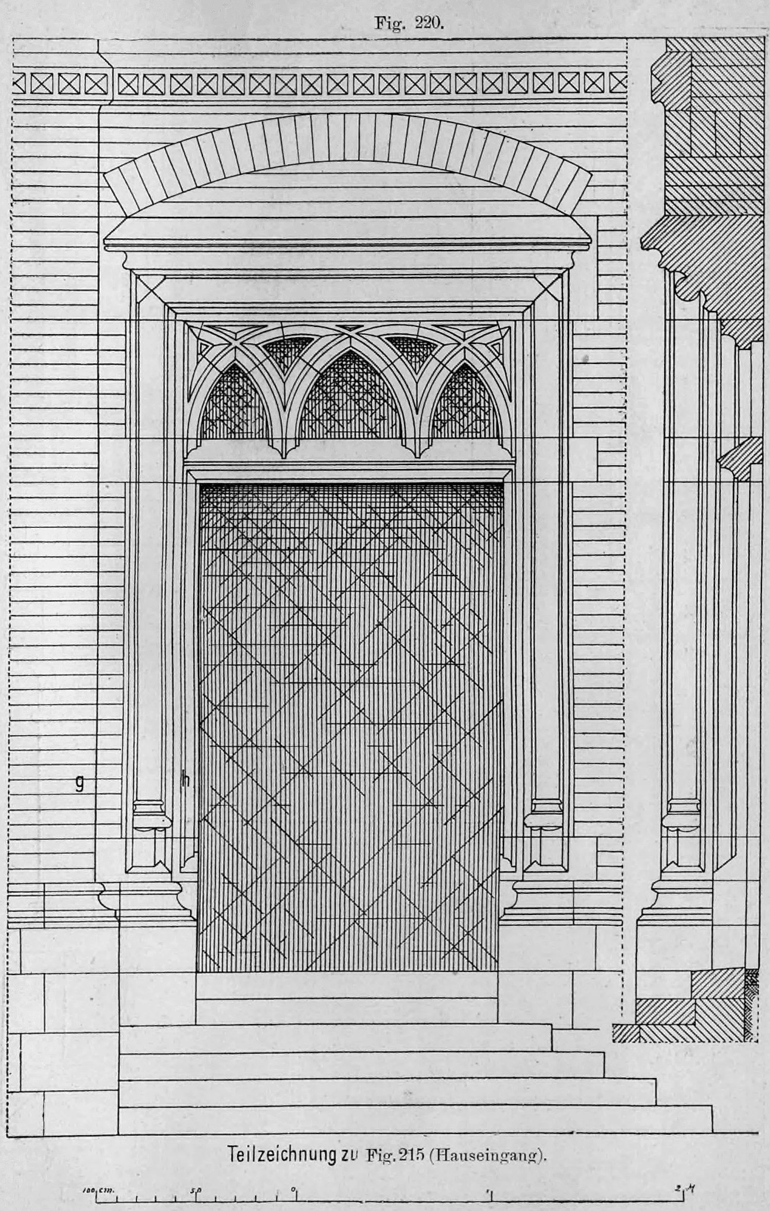 Fig. 220: Detaillierte Architekturzeichnung eines neugotischen Hauseingangs.